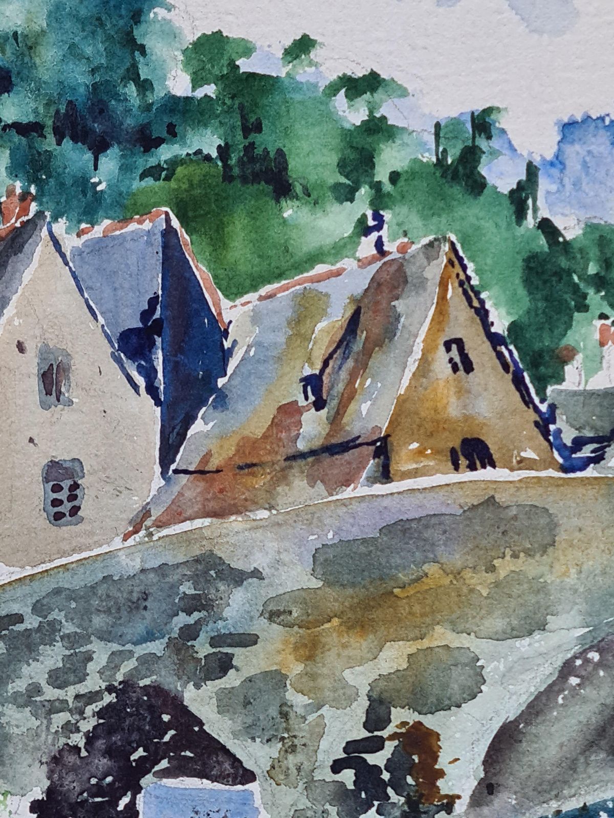 Henri Clamen1930s French Barbizon School Watercolour, Village And Bridge By A River, Dinard1939 photo for sale