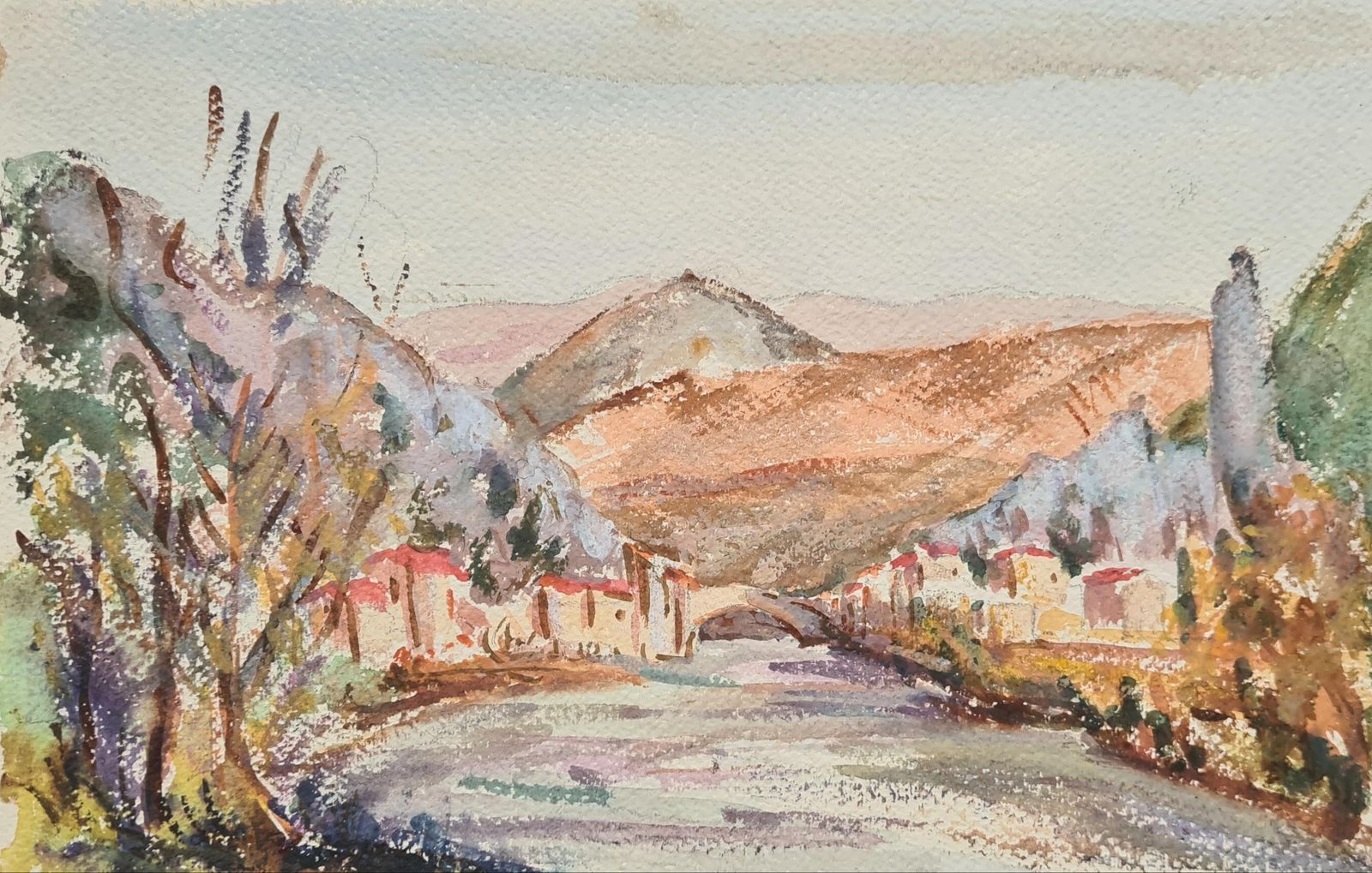 Henri Clamen1930s French Impressionist Watercolour Of A Village, River & Mountain Landscape