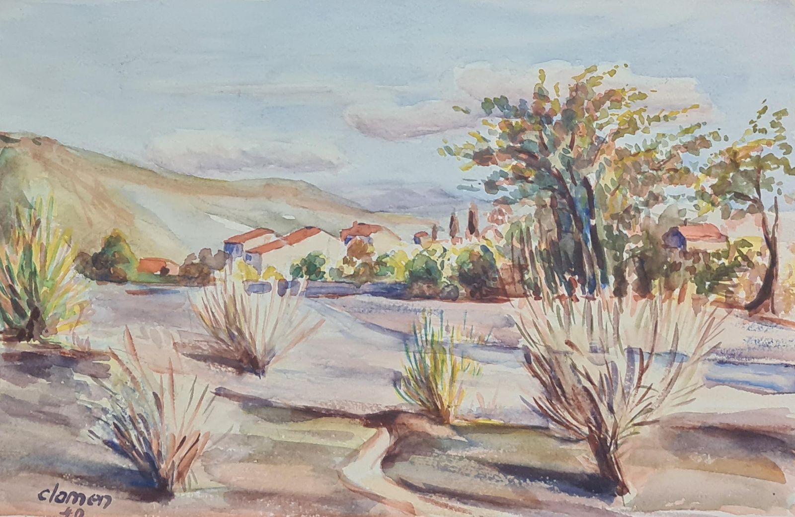 Henri Clamen1930's French Barbizon School Landscape With Pampas Grass1940
