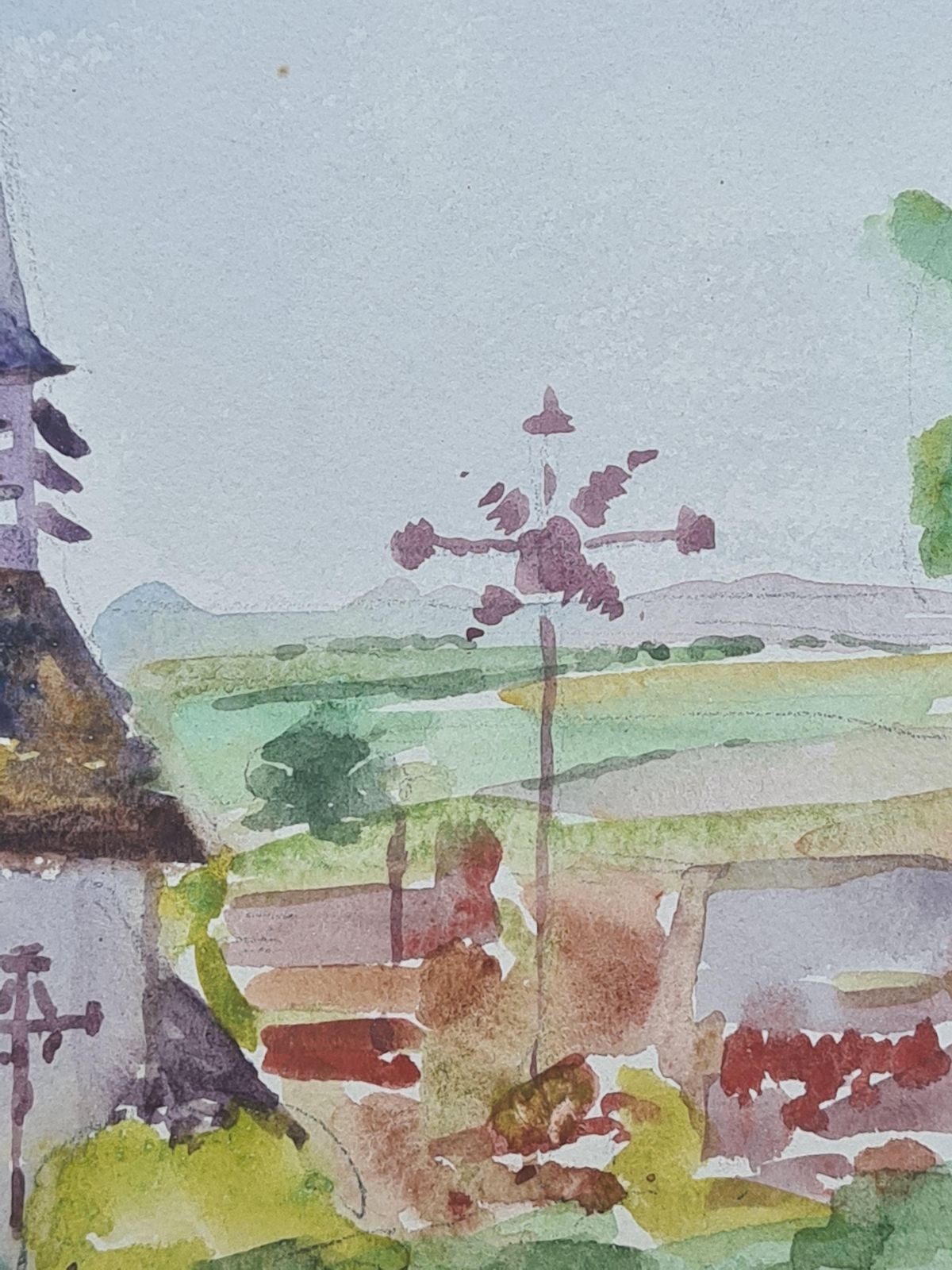 Henri Clamen1930s French Barbizon School Watercolour Of A Church In A Lansdscape. photo vinterior