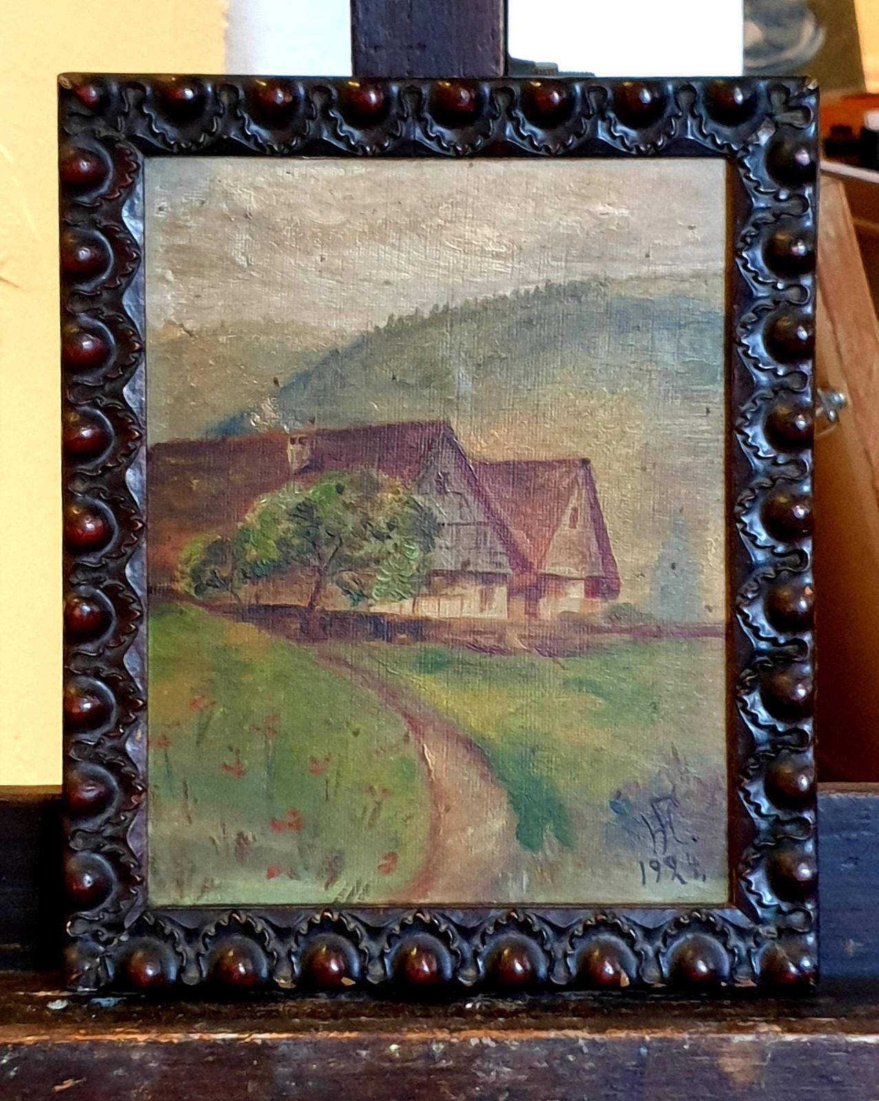 photo vintage Unknownearly 20th Century Folk Art Impressionist Oil On Board, 'View To The Farmhouse'.1926