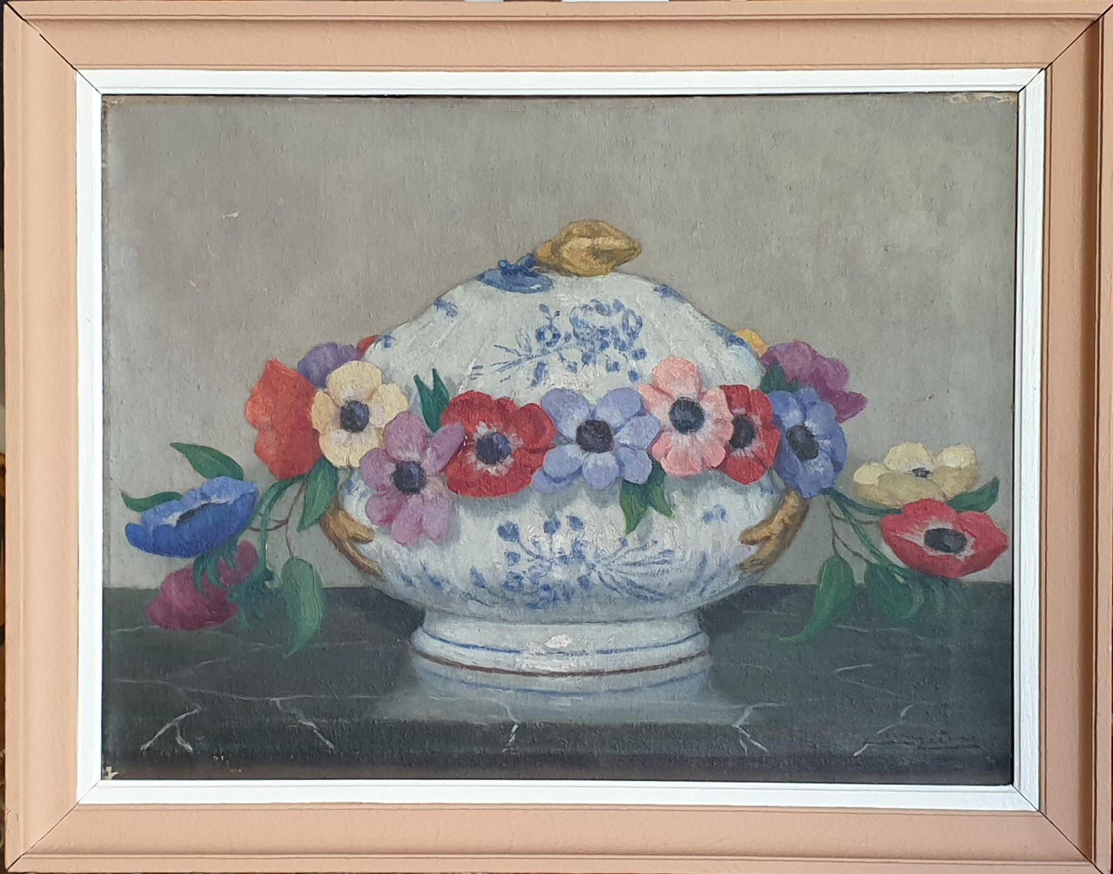 Unknown French Impressionist Still Life, Oil On Board, 'Flowers And Faïance'.