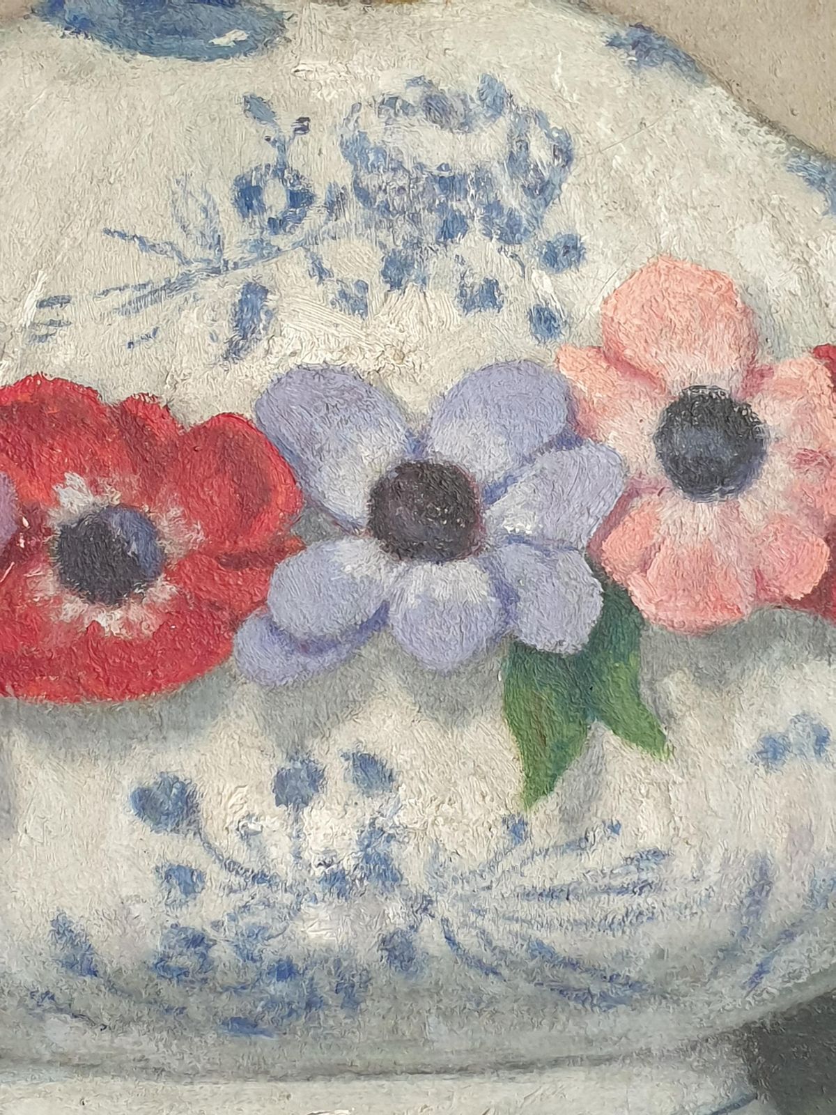 Unknown French Impressionist Still Life, Oil On Board, 'Flowers And Faïance'. photo vintage