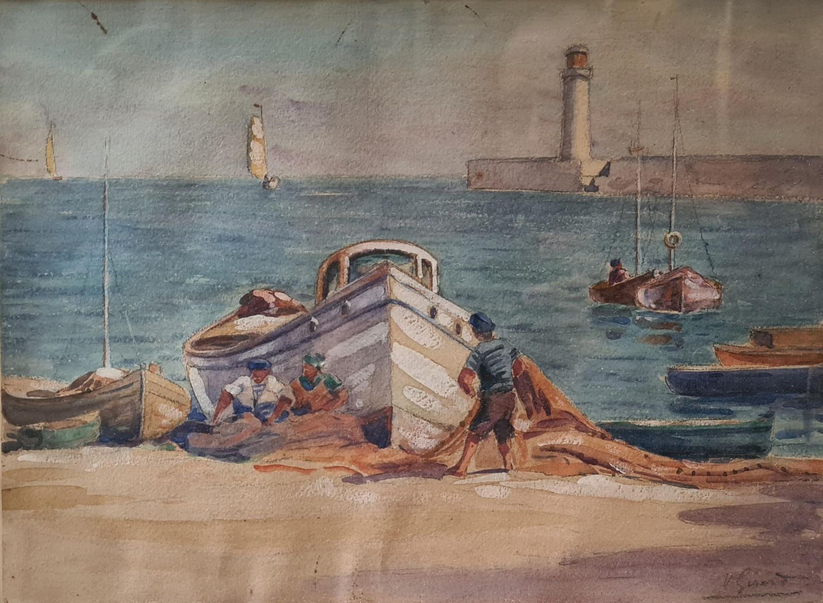 Girardmarine Scene, French Breton Watercolour, The Fishing Nets photo furniture