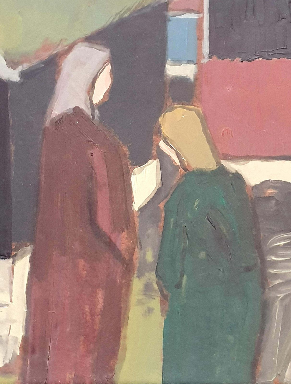 Poul Møllerdanish Mid Century Colourfield Oil On Board Of People And Houses By The Coast.1976 photo furniture