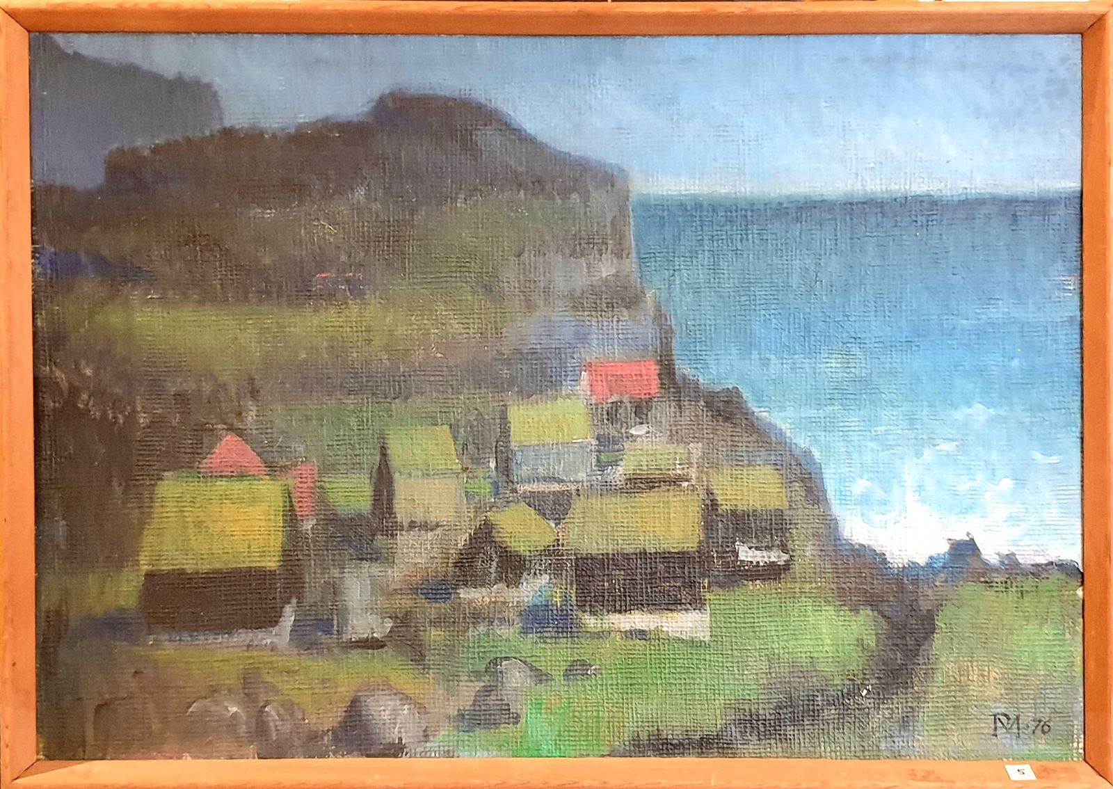 Poul Møller Danish Mid Century Colourfield Oil On Board Of Houses In A Coastal Scene.1976