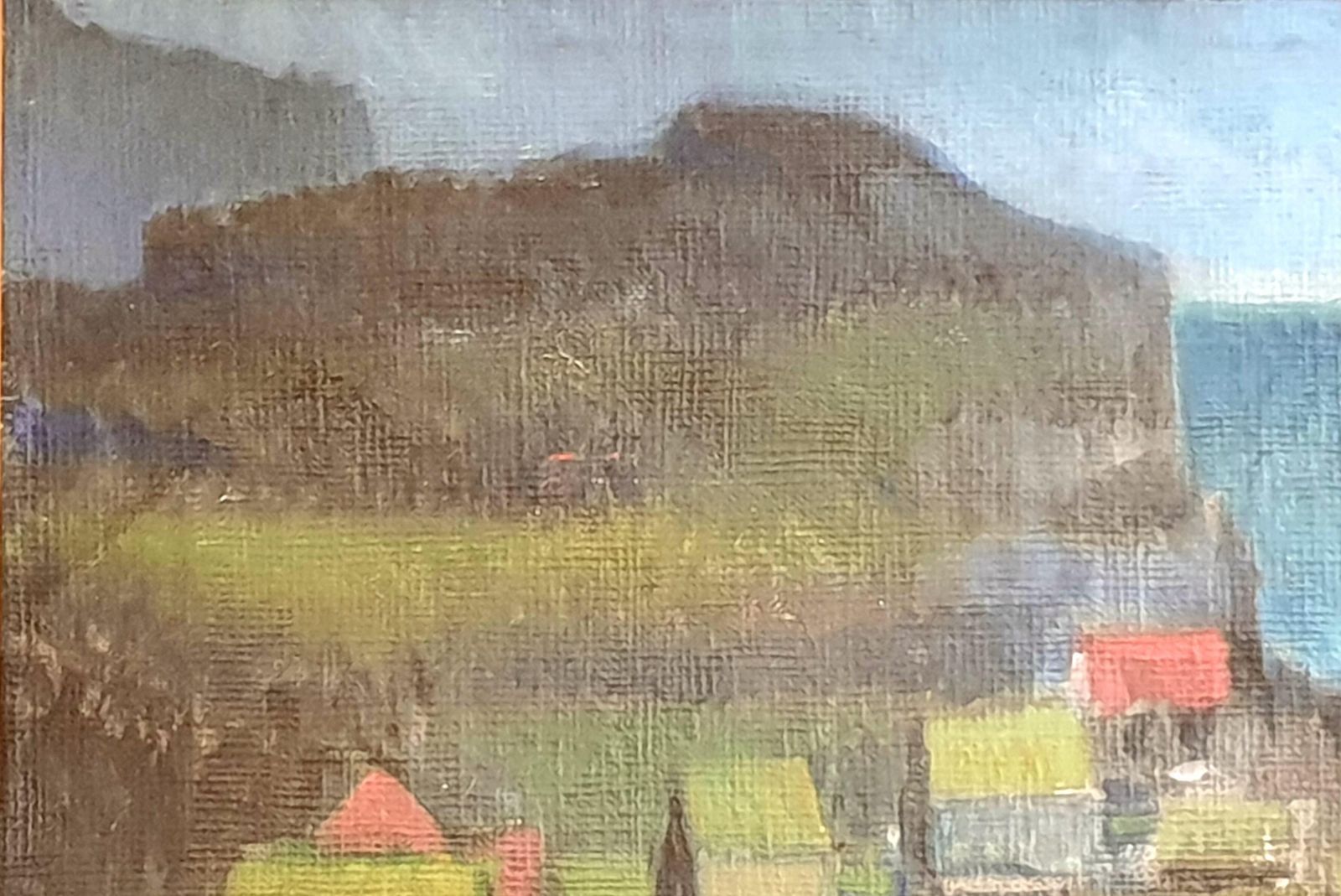 photo furniture Poul Møller Danish Mid Century Colourfield Oil On Board Of Houses In A Coastal Scene.1976