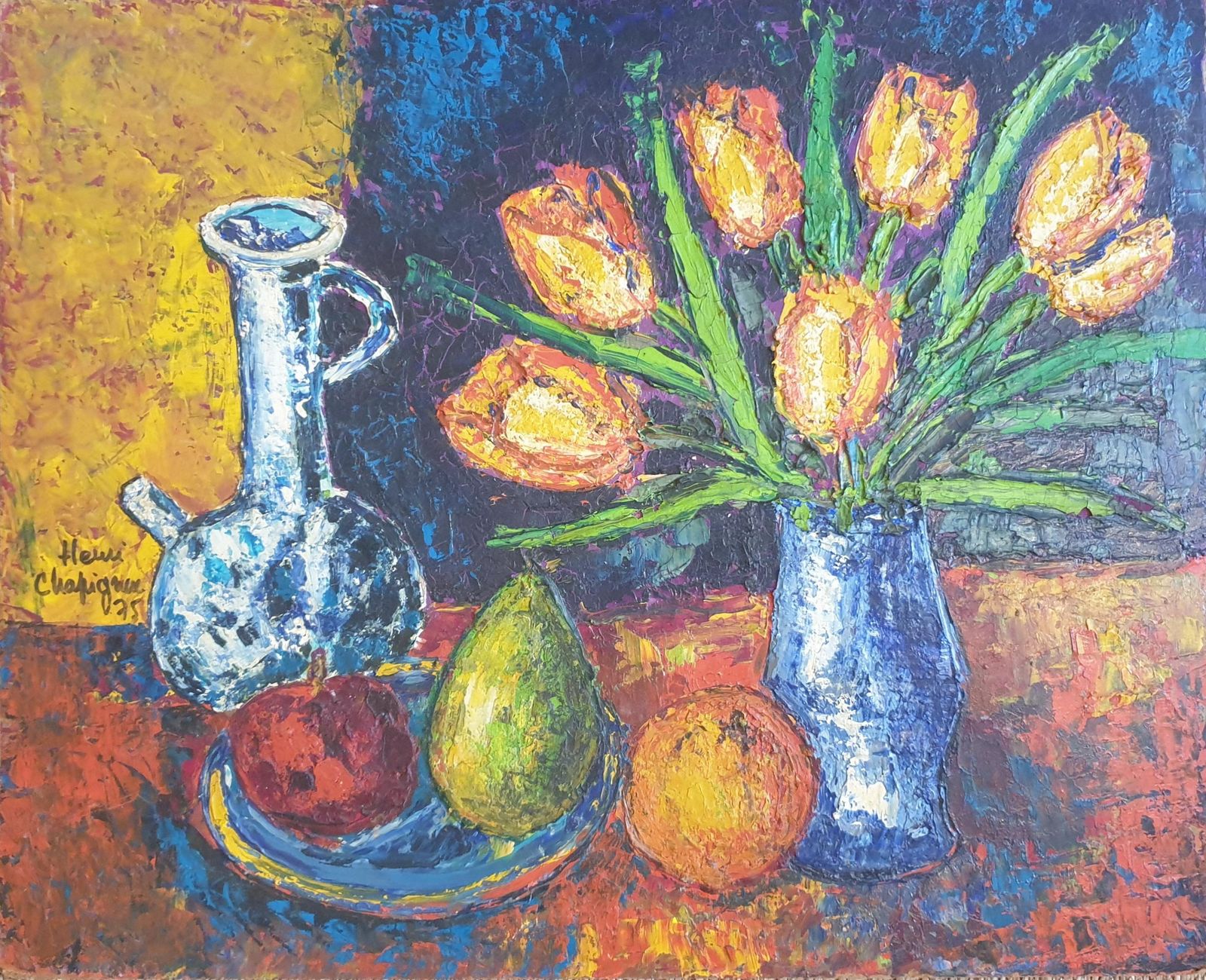 Henri Chapignuecolourful French Oil On Board Tablescape. Tulips, Carafe And Three Fruits. 1975 photo furniture