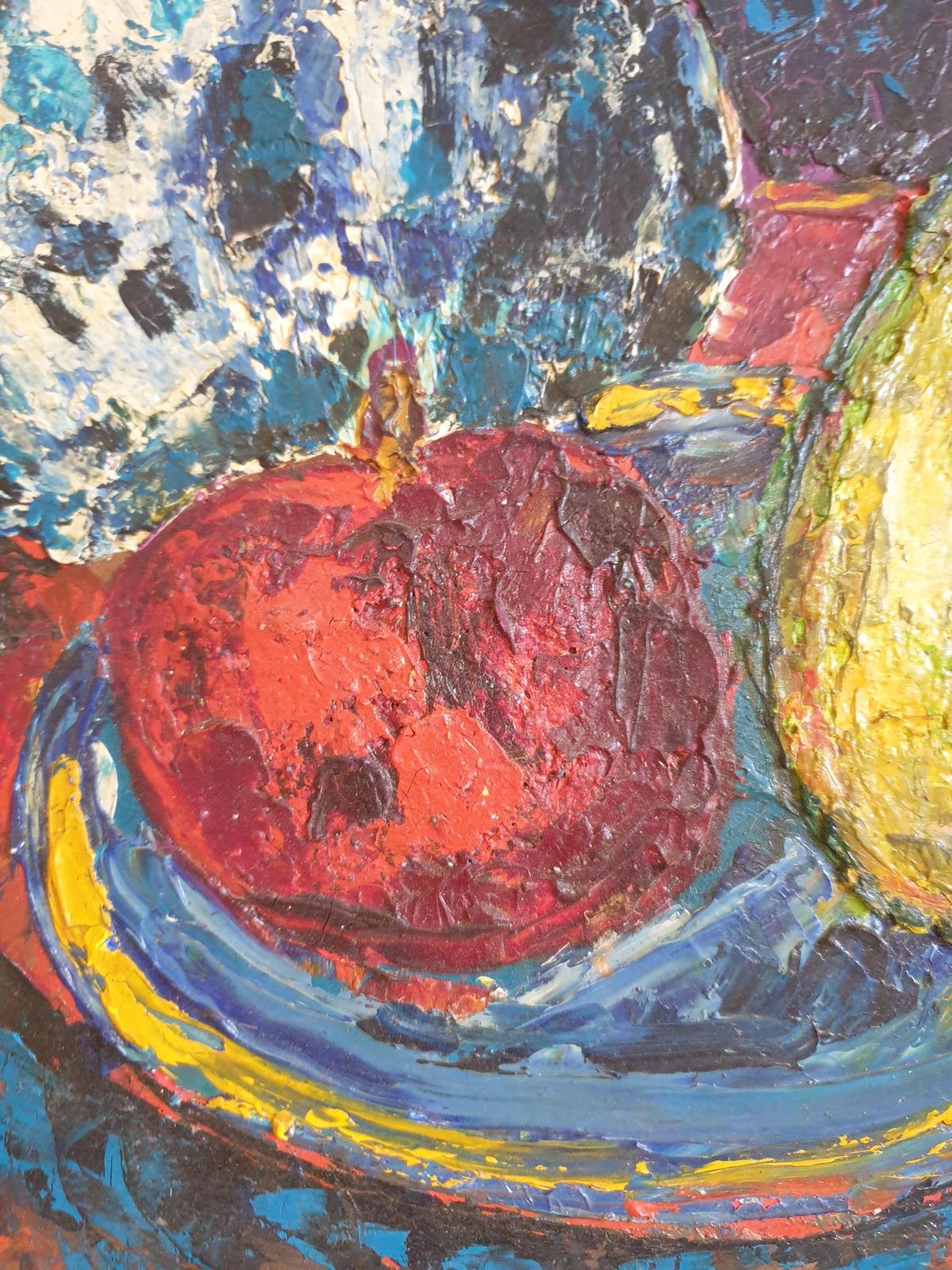 Art Henri Chapignuecolourful French Oil On Board Tablescape. Tulips, Carafe And Three Fruits. 1975 photo