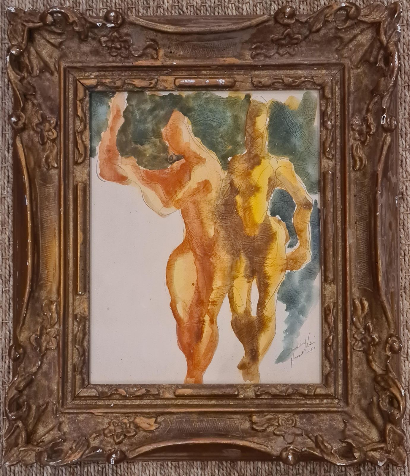 Damien Hermellin'the Dancers', French Late Mid Century Gouache On Textured Paper1971 photo furniture