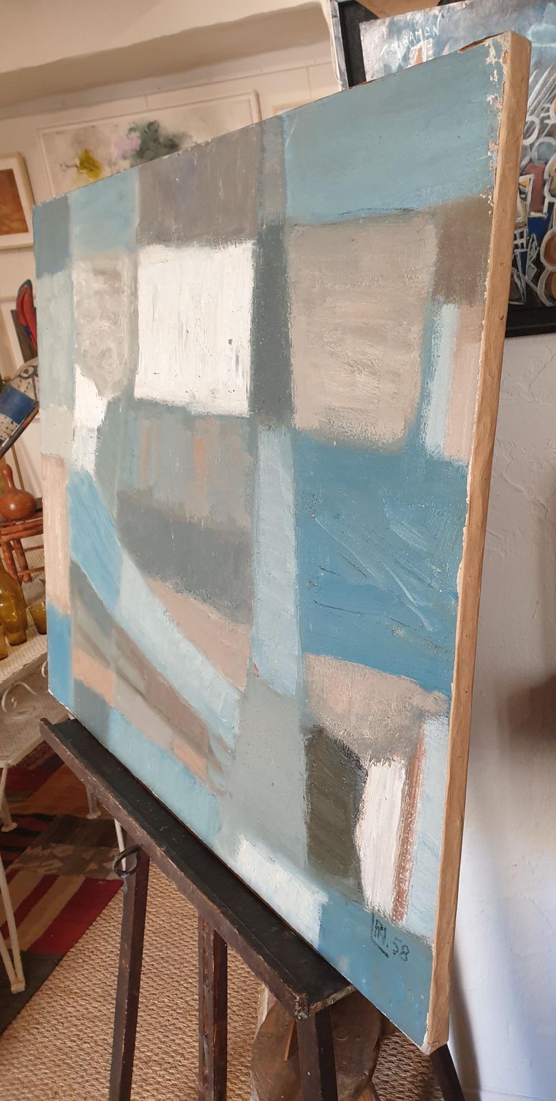 photo furniture Philippe Lepatremid Century Abstract Oil On Canvas. Composition In Blue.1958