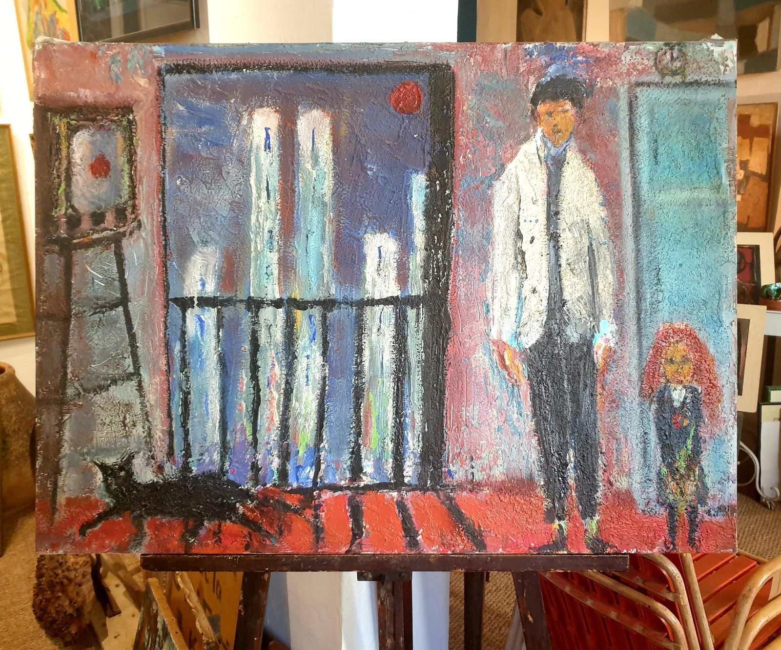 Large Expressionist Oil On Canvas, Apartment Interior And Cityscape. Oil. photo furniture