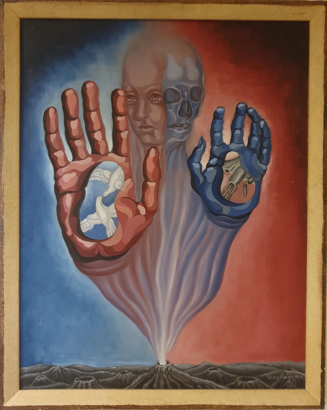 Willy Smitz'war And Peace', Mid Century Belgian Surrealist Oil On Board.1954