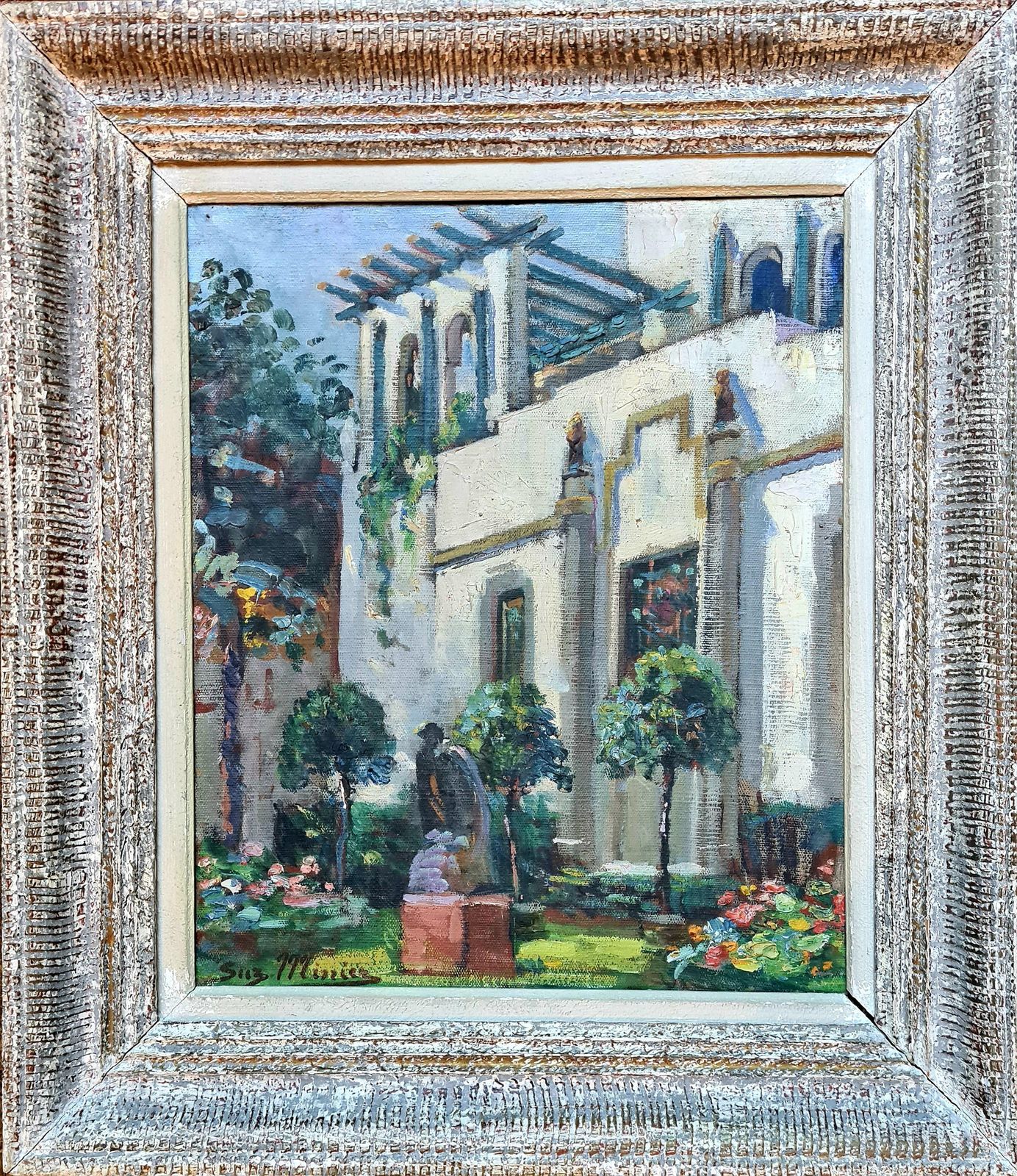 Suzanne Miniermoorish, Belle Epoque, Villa And Garden At St Tropez French Oil On Canvas.1930s