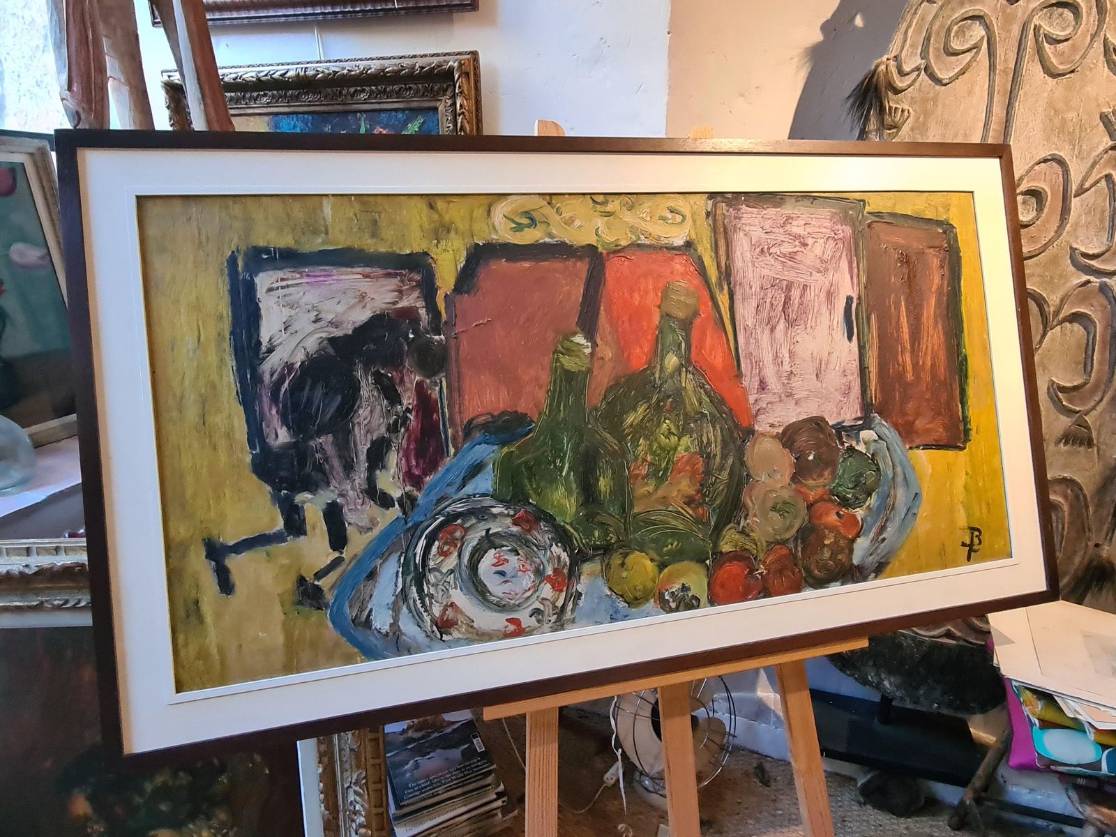 Betty Walters Flashtiglarge Mid Century Colourful Oil Of Still Life With Bottles, Fruit And Charger photo furniture