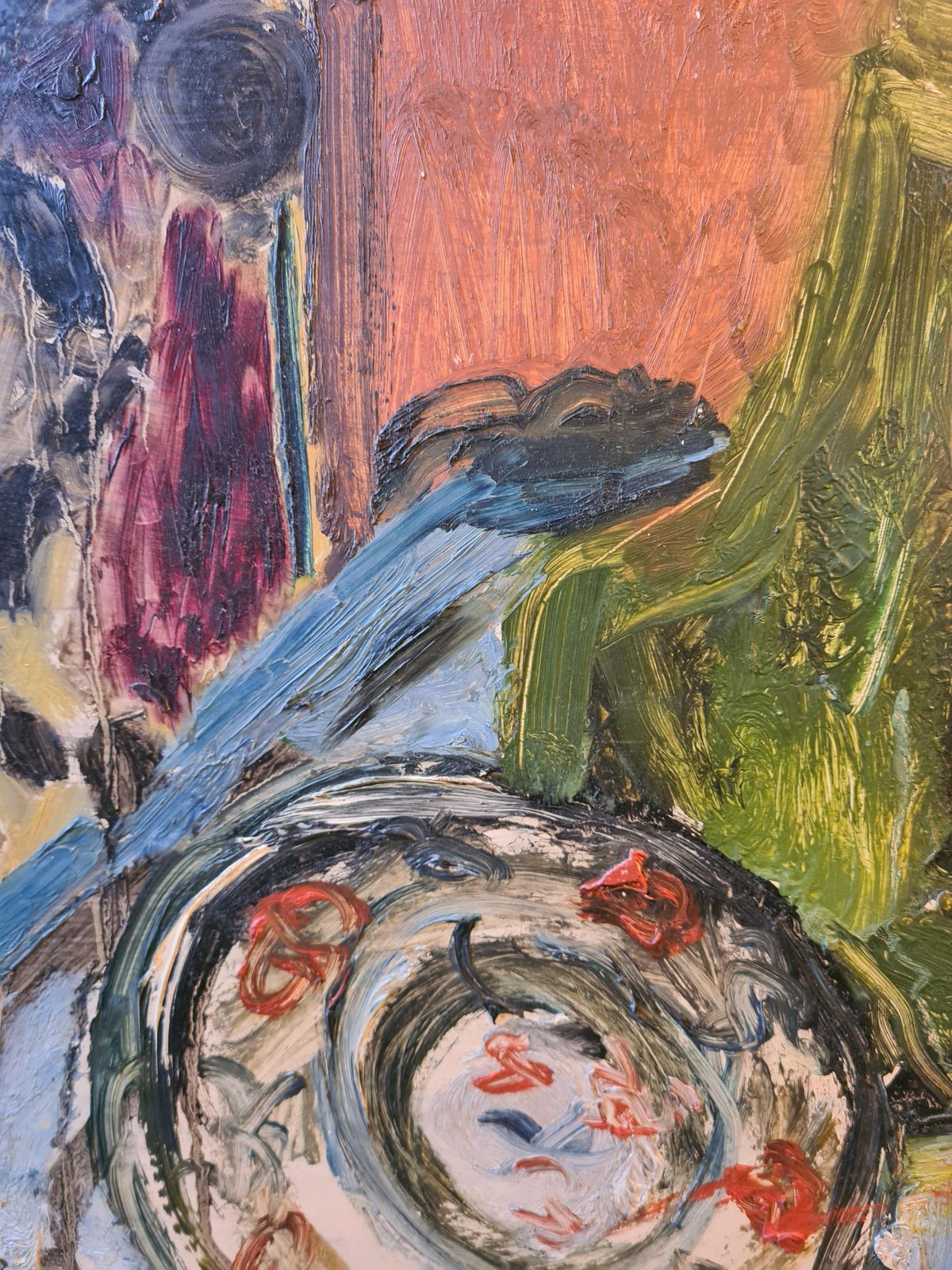 Betty Walters Flashtiglarge Mid Century Colourful Oil Of Still Life With Bottles, Fruit And Charger photo for sale