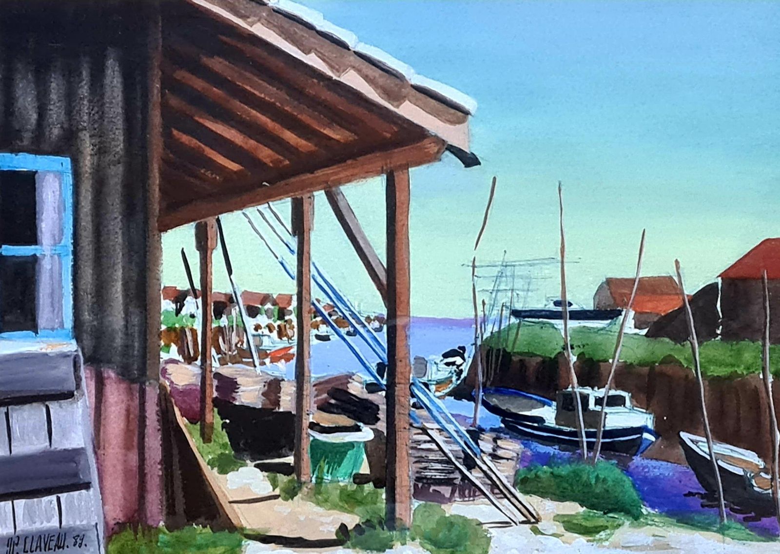 Boats In Harbour, Looking Out To The Sea, Colourful French Watercolour, The Port From 1989 By Jean Paul Claveau