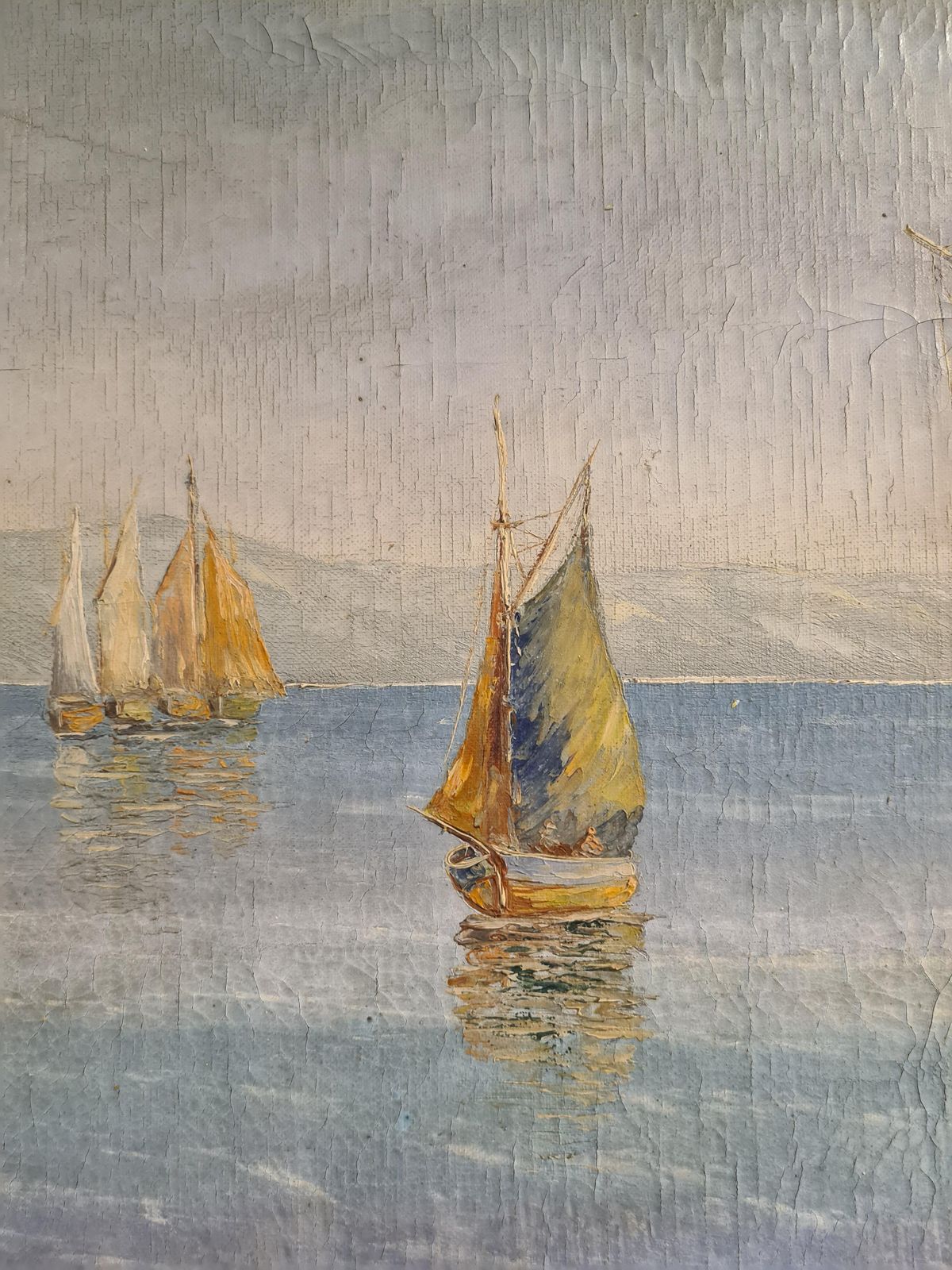 Sailing Boats At Sea, A Very Large And Imposing Marine Capriccio, Oil On Canvas1941 photo vintage