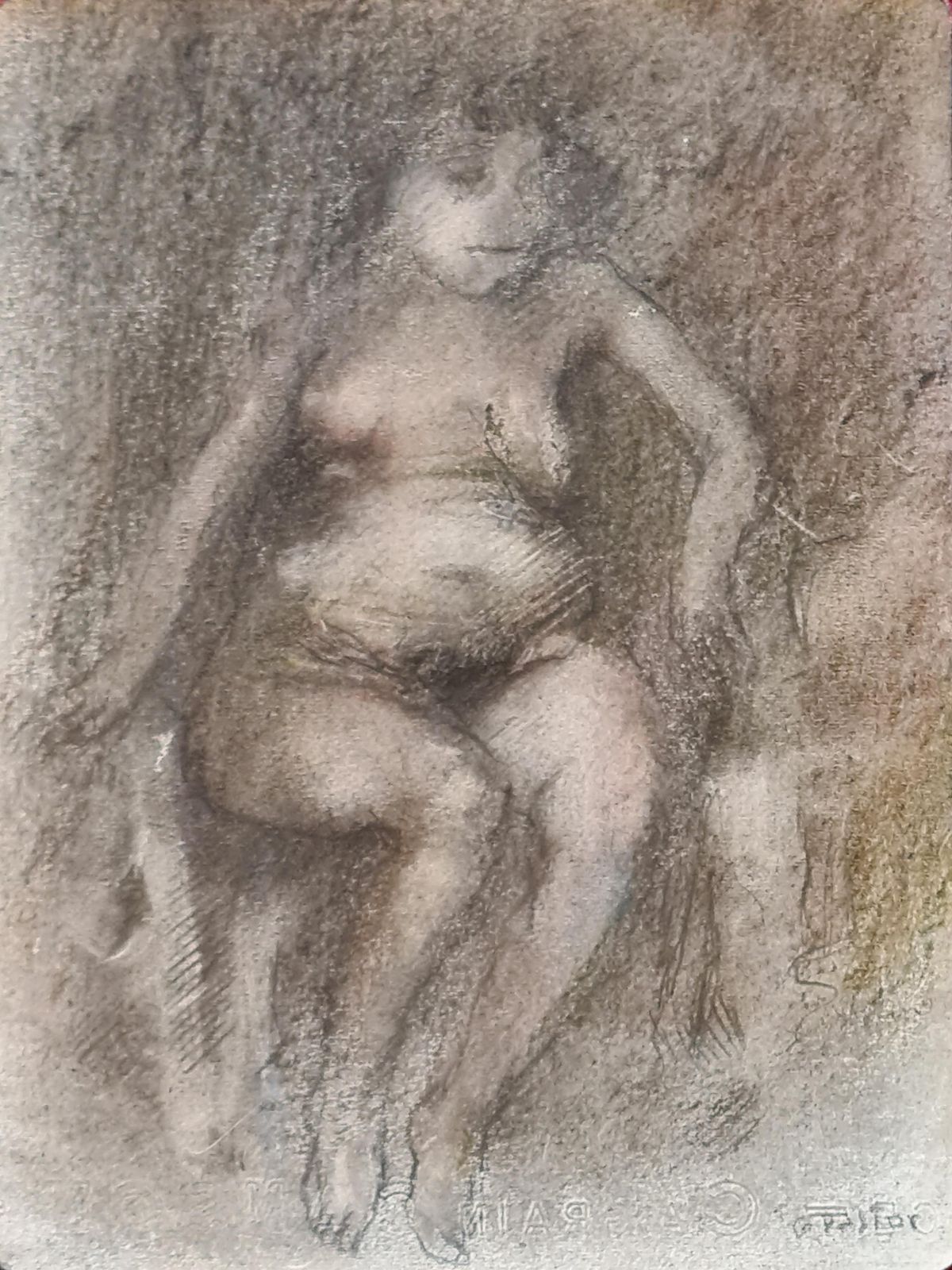 Gilbert Pastorlate 20th Century French Expressionist Crayon On Paper. 'Woman In A Chair'.1980s