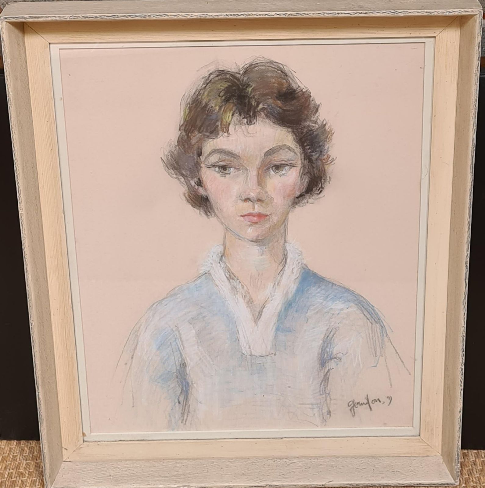 'Suzanne', Large Mid Century French Portrait Drawing By Gourdon1950s photo furniture