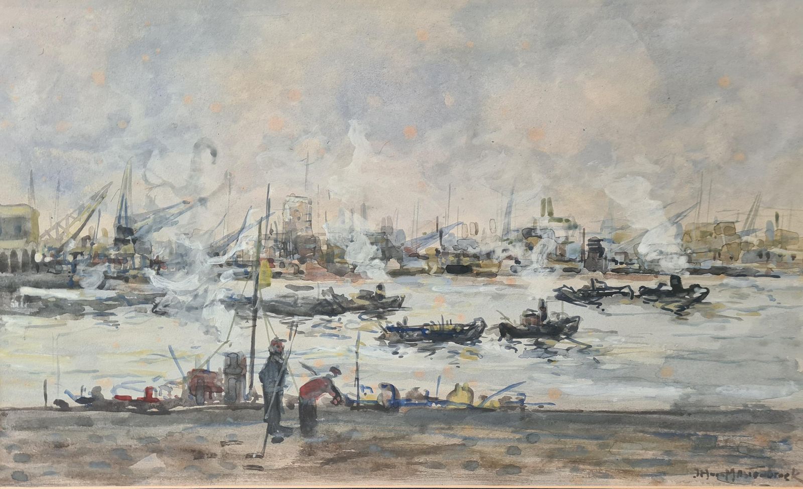 Johan Hendrik Van Mastenbroek Impressionist View Of The Leuvehaven In The Port Of Rotterdam, Dutch Watercolour 1920s