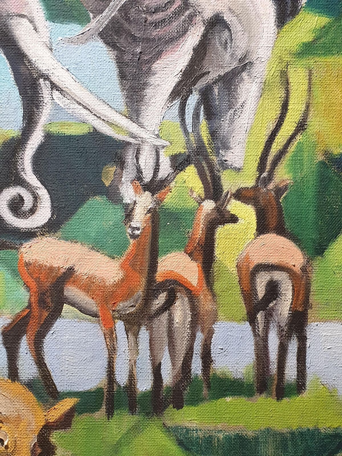 Art Derek Carrutherslarge Scale Surrealist Oil On Canvas, 'At The Watering Hole'. photo