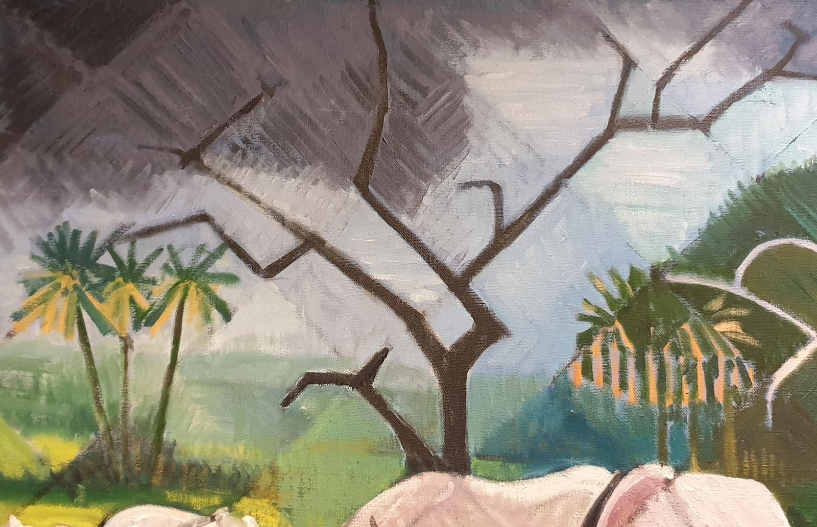 photo vintage Derek Carrutherslarge Scale Surrealist Oil On Canvas, 'At The Watering Hole'.