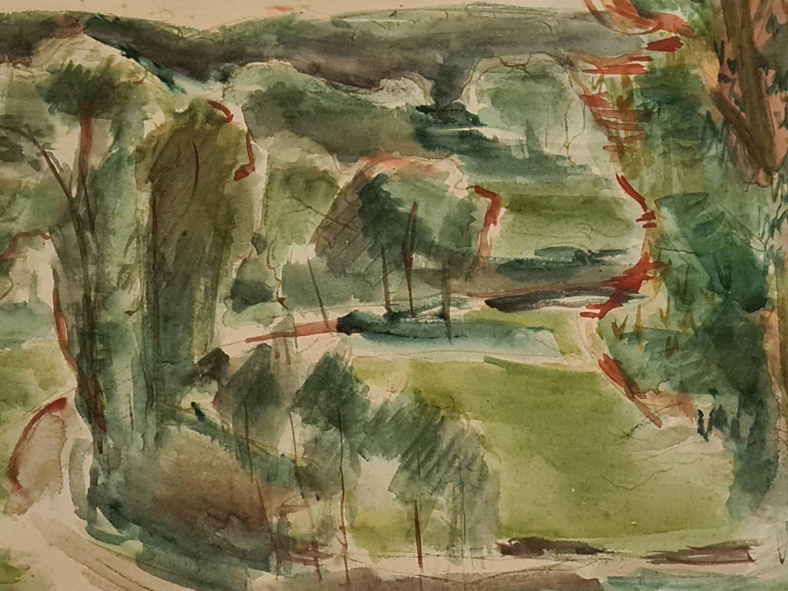Roger Tolmermid Century Romantic Watercolor On Paper. 'The Valley, Rouen'.1950s photo vinterior
