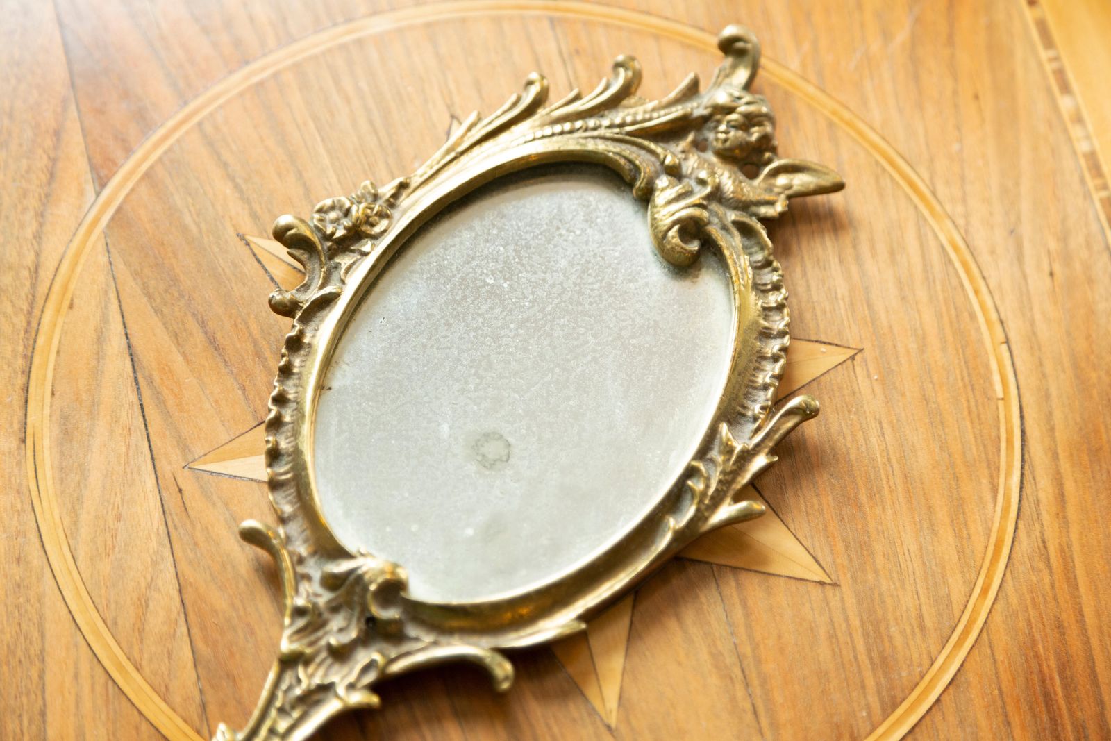 Midcentury Vintage Old Gold Mini Mirror With Angels, Italy, 1960s photo 128.0