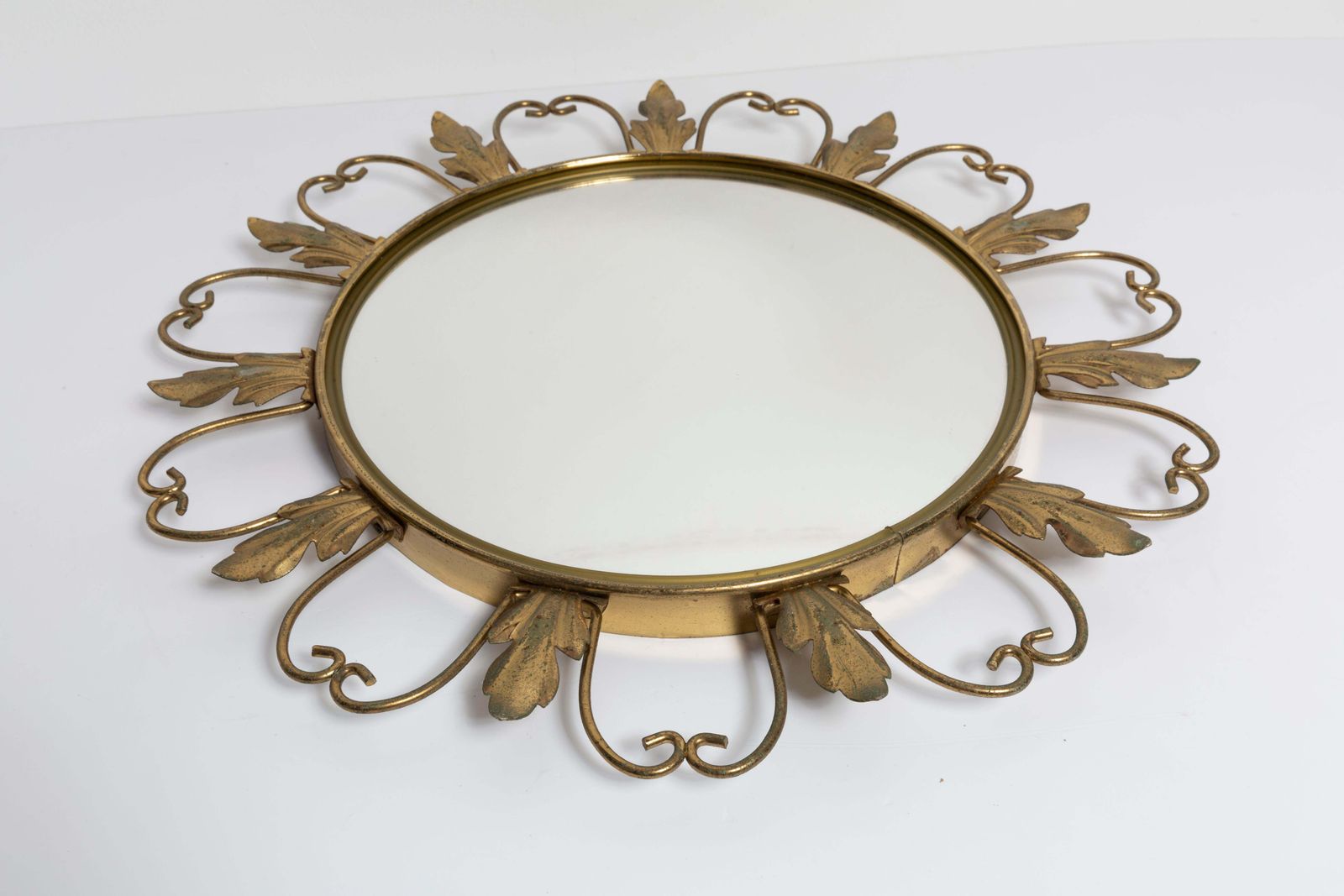 Mid Century Gold Sunburst Mirror, Metal, Belgium, 1960s photo vintage