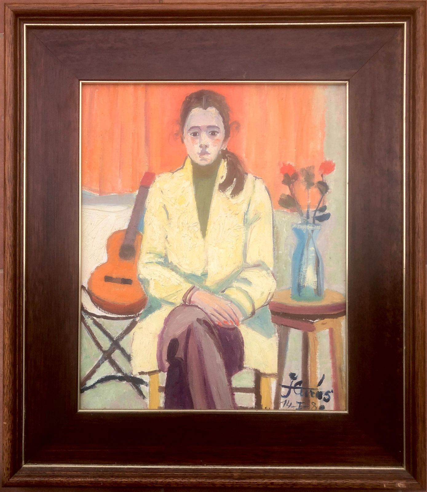 Jordi Curos Woman And Guitar Oil On Board Painting Fauvism 1980 photo furniture
