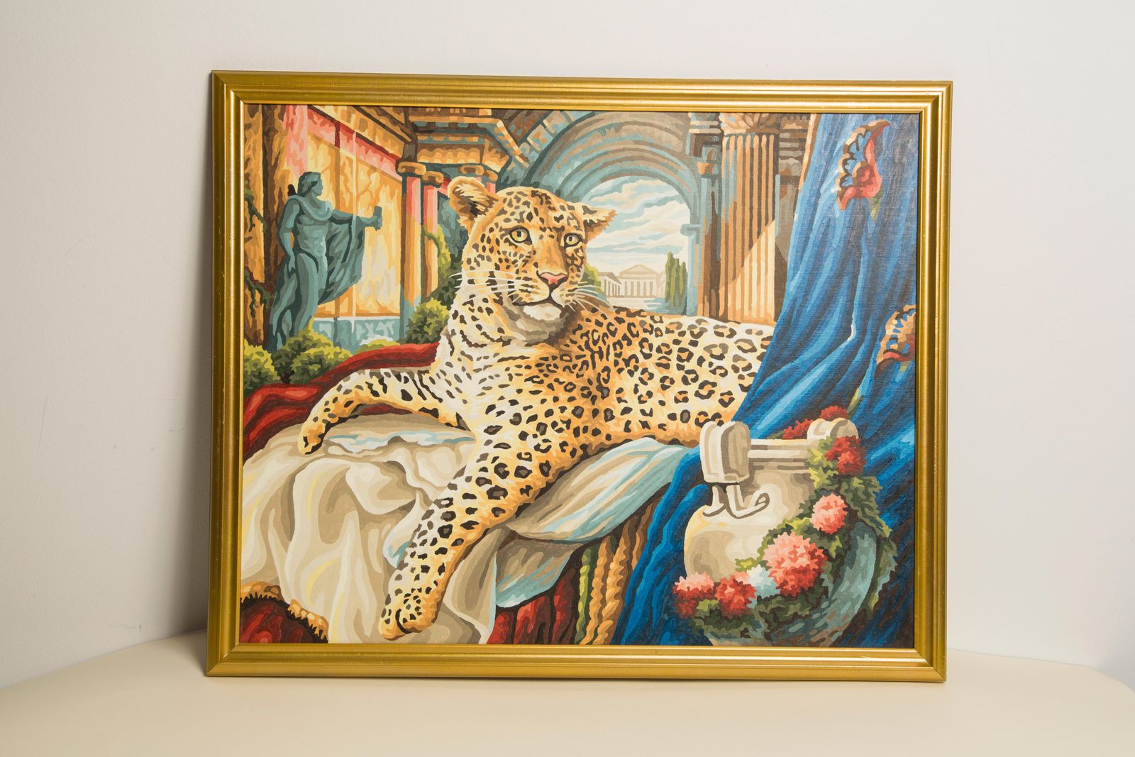photo for sale Midcentury Acrylic Leopard Painting, Gold Wood Frame, 1960s, Europe