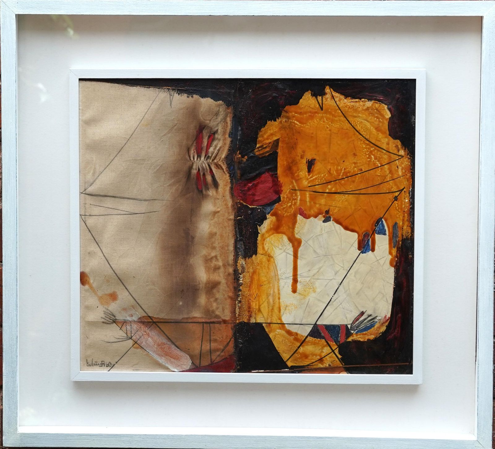 Erling Andersenabstract Composition With Ochre   Danish 1969 Art Mixed Media And Oil Painting1969