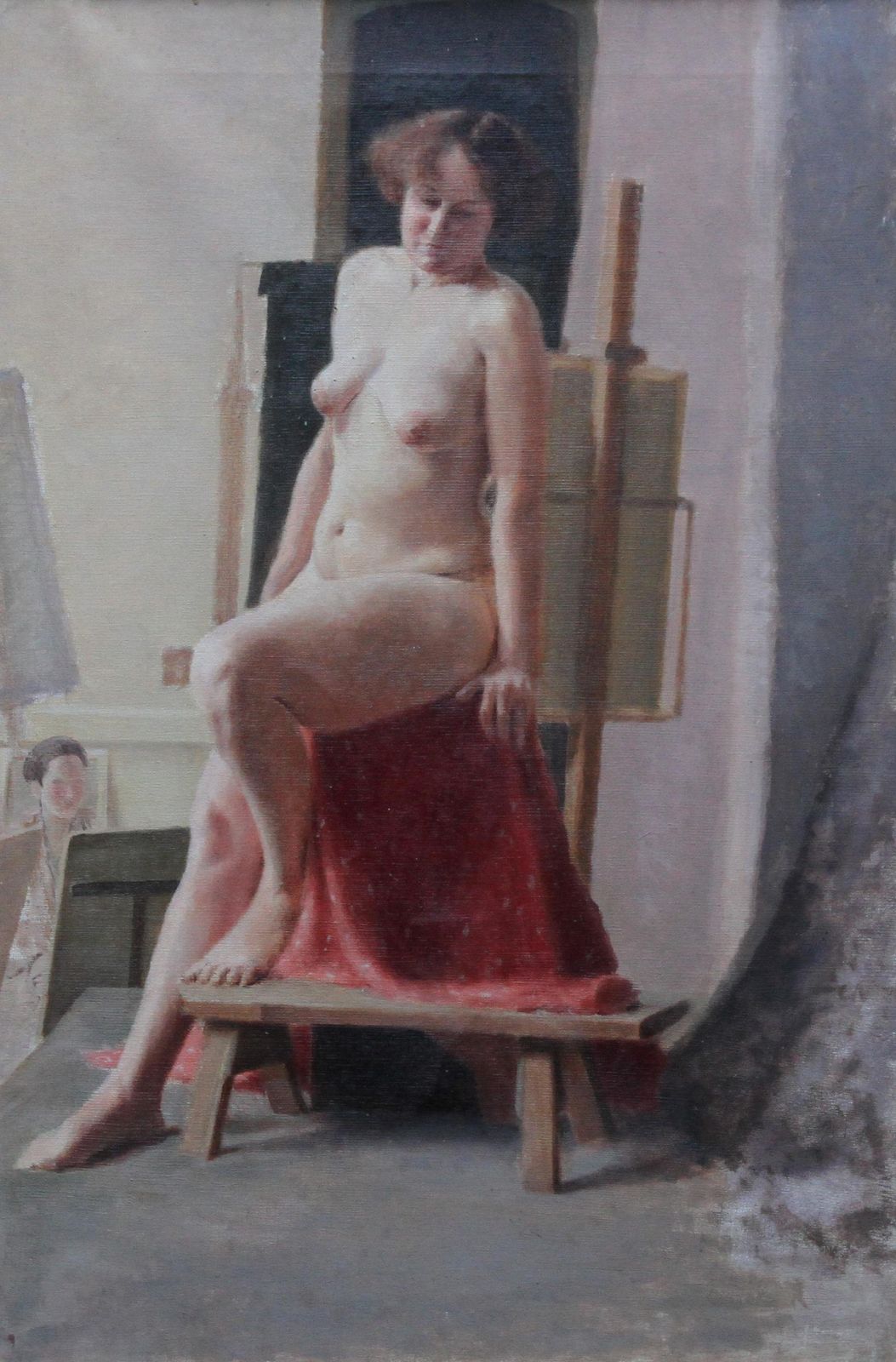 E.A. Jayseated Nude Model In Art Class   British 40's Slade School Portrait Oil Paintingcirca 1940 photo furniture