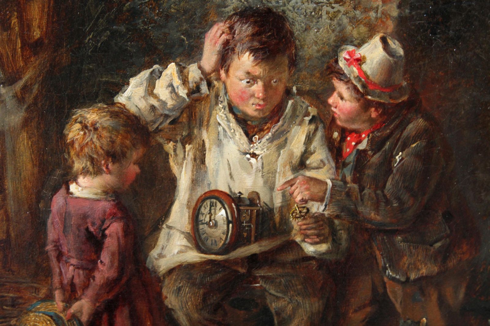 Frederick George Pasmorea Quick Repair    British Art 1880 Interior Oil Painting Children Clock Horologycirca 1880 photo Art
