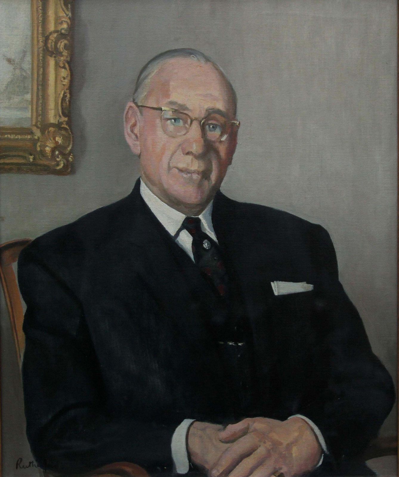 Harry Rutherfordportrait Of A Gentleman   British Oil Painting Interior Seated Suited Man Circa 1970 photo buy