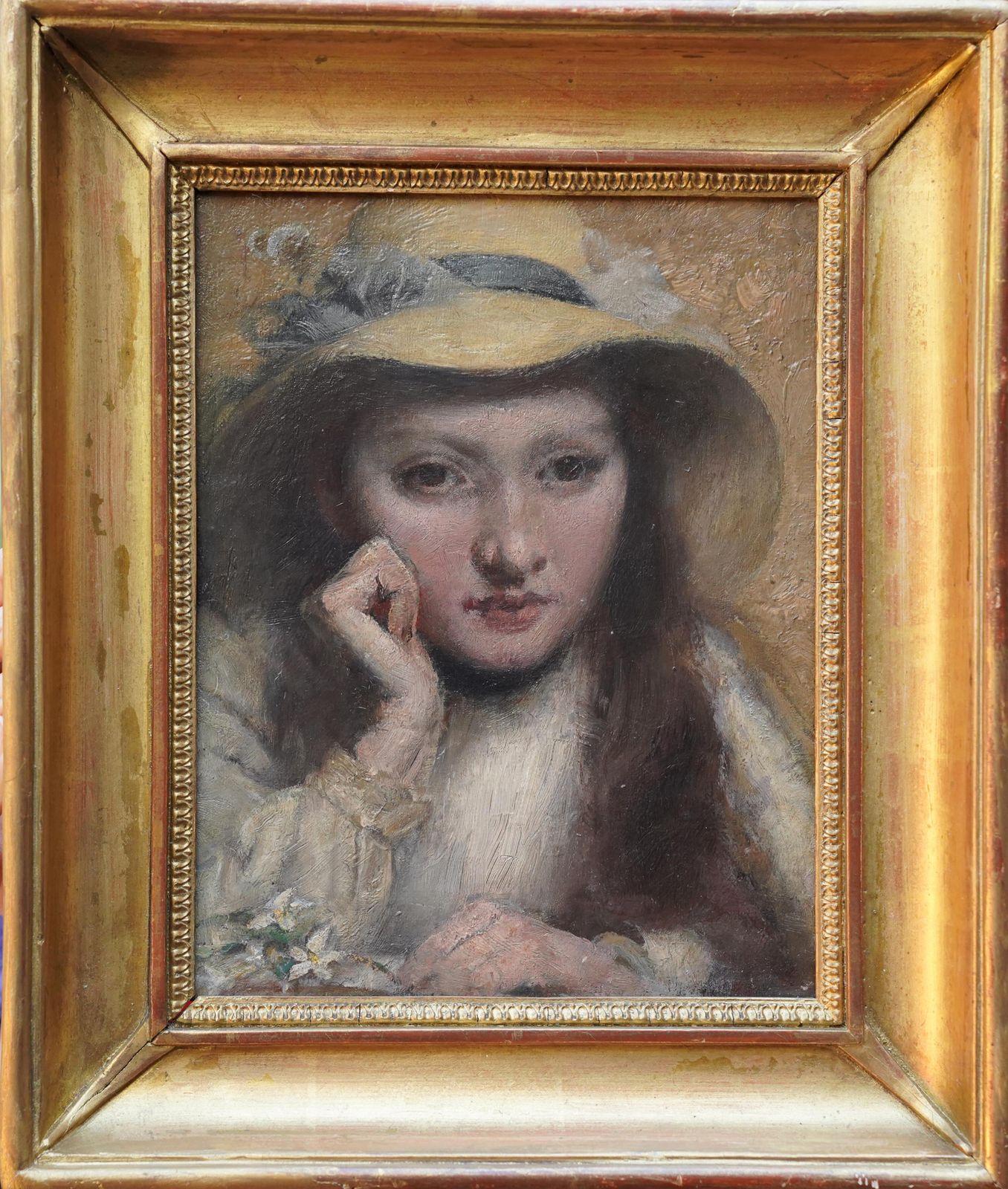 photo furniture Portrait Of Girl In Straw Hat   British Victorian Art Newlyn School Oil Paintingcirca 1890