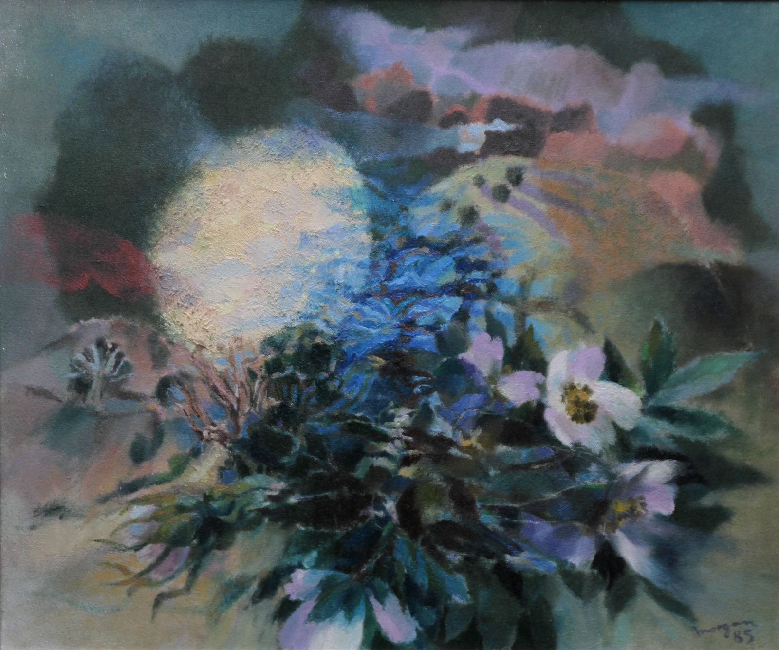 Glyn Morganwelsh Landscape   Nightingale   Abstract Art Oil Painting Flowers Moon Birds1985