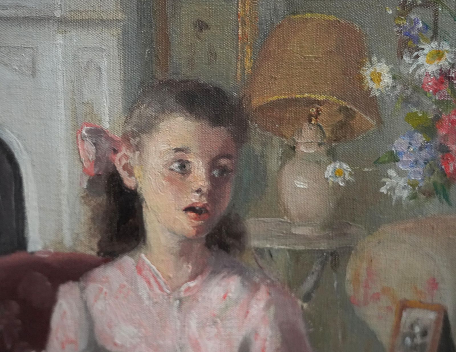 Anthony Devasgrandma And Grand Daughter In An Interior   British 40's Portrait Oil  Paintingcirca 1940 photo vintage