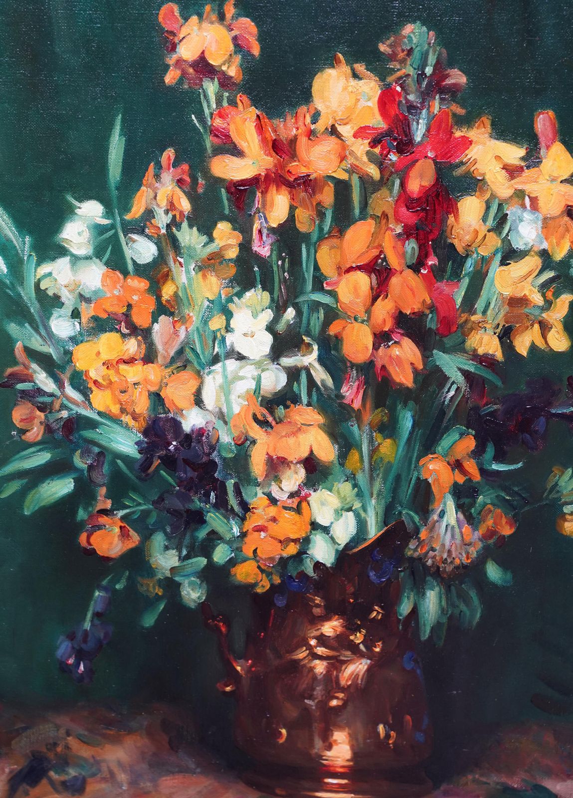 Andrew Lawstill Life Of Wallflowers   Scottish 1920's Exh. Floral Art Flower Oil Paintingcirca 1920 photo for sale