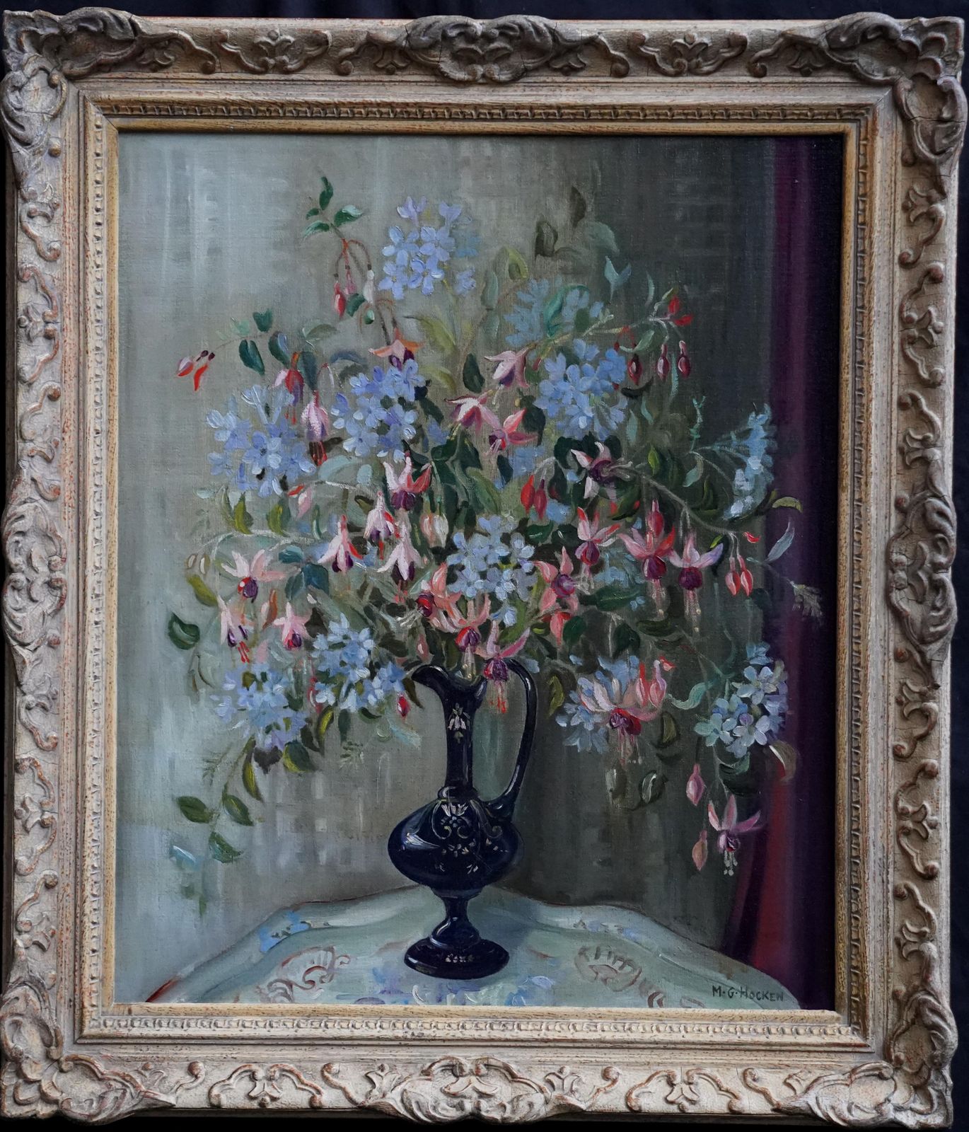 Marion Grace Hockenfloral Of Fuchsias In A Blue Vase   British Fifties Still Life Art Oil Paintingcirca 1950
