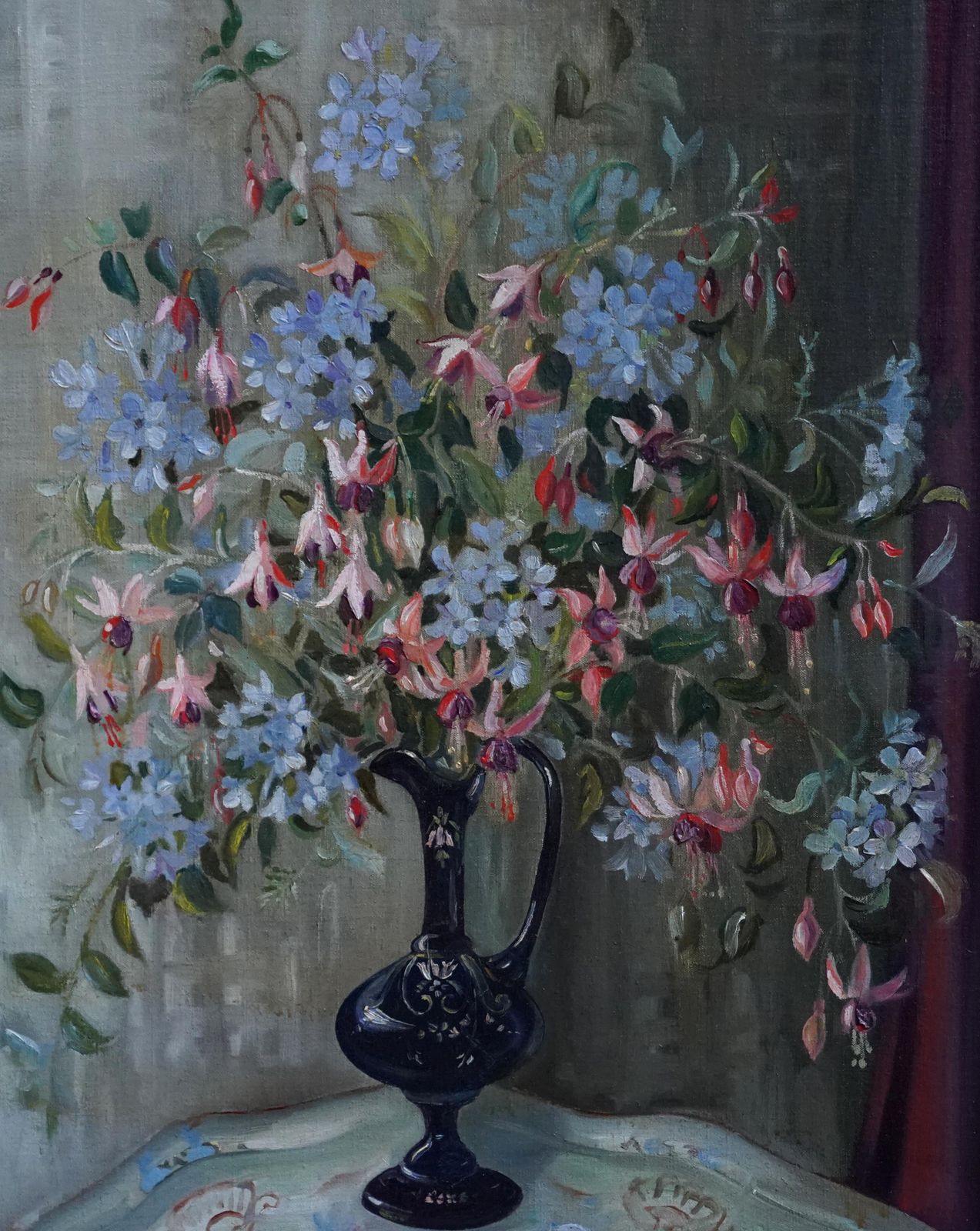 Marion Grace Hockenfloral Of Fuchsias In A Blue Vase   British Fifties Still Life Art Oil Paintingcirca 1950 photo for sale
