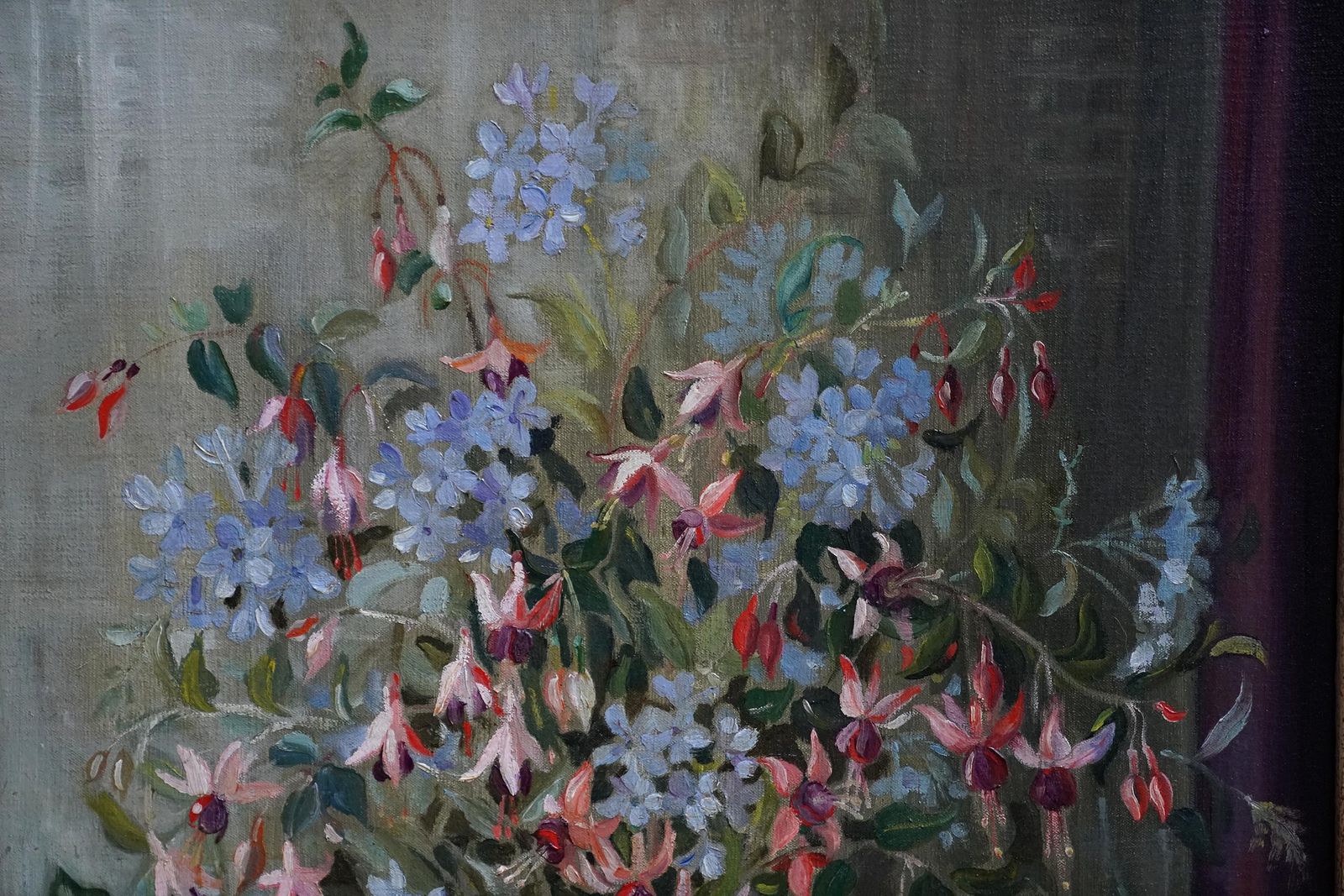 Marion Grace Hockenfloral Of Fuchsias In A Blue Vase   British Fifties Still Life Art Oil Paintingcirca 1950 photo Art