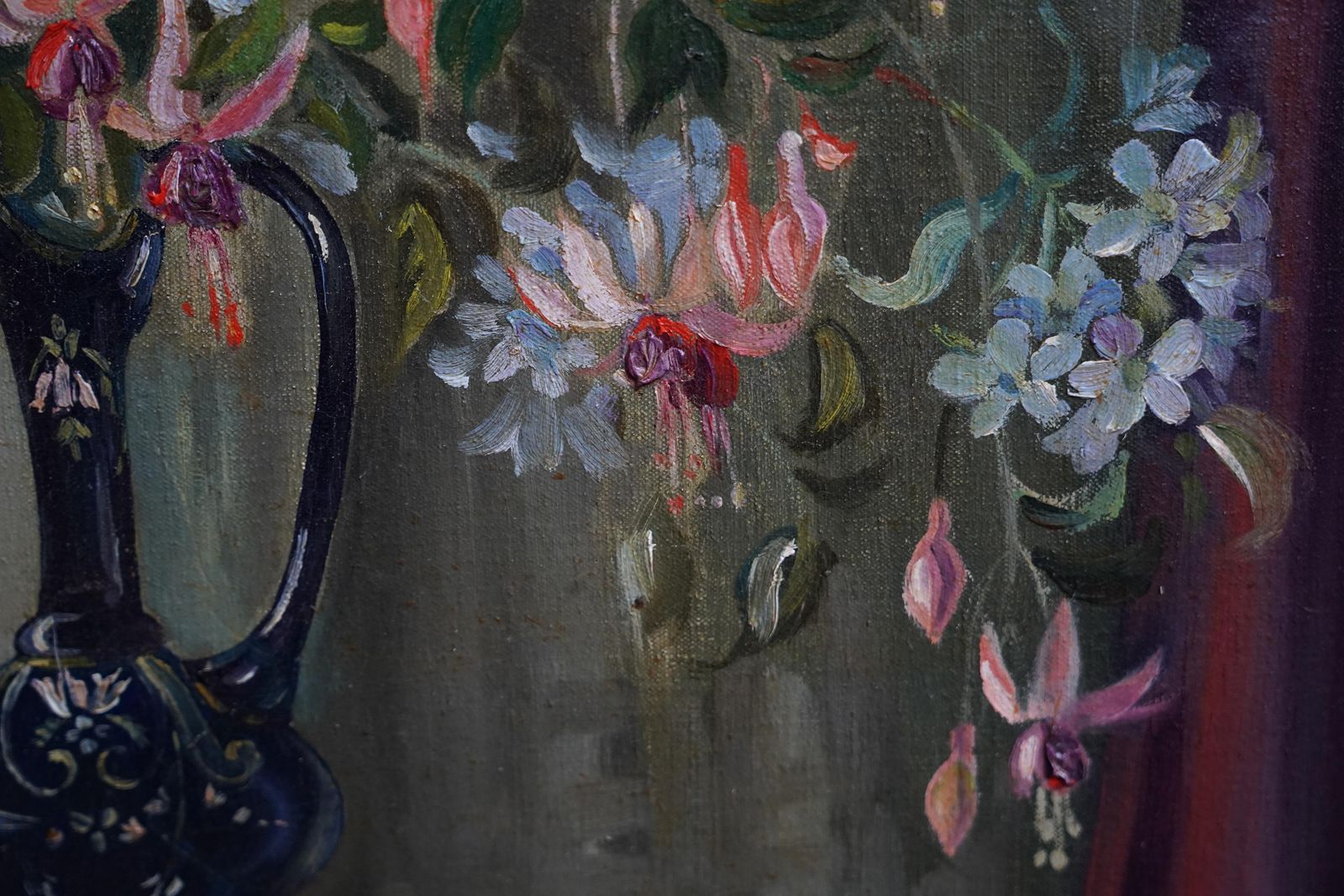 Marion Grace Hockenfloral Of Fuchsias In A Blue Vase   British Fifties Still Life Art Oil Paintingcirca 1950 photo buy