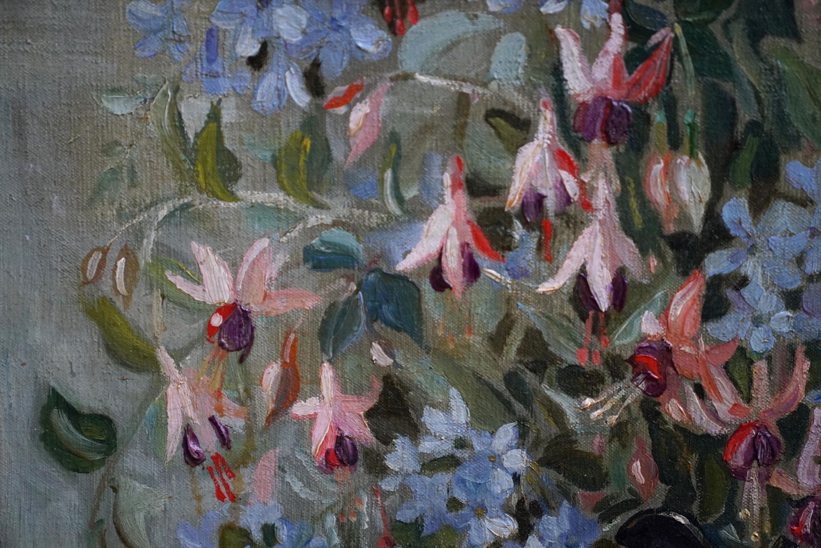 Marion Grace Hockenfloral Of Fuchsias In A Blue Vase   British Fifties Still Life Art Oil Paintingcirca 1950 photo vintage