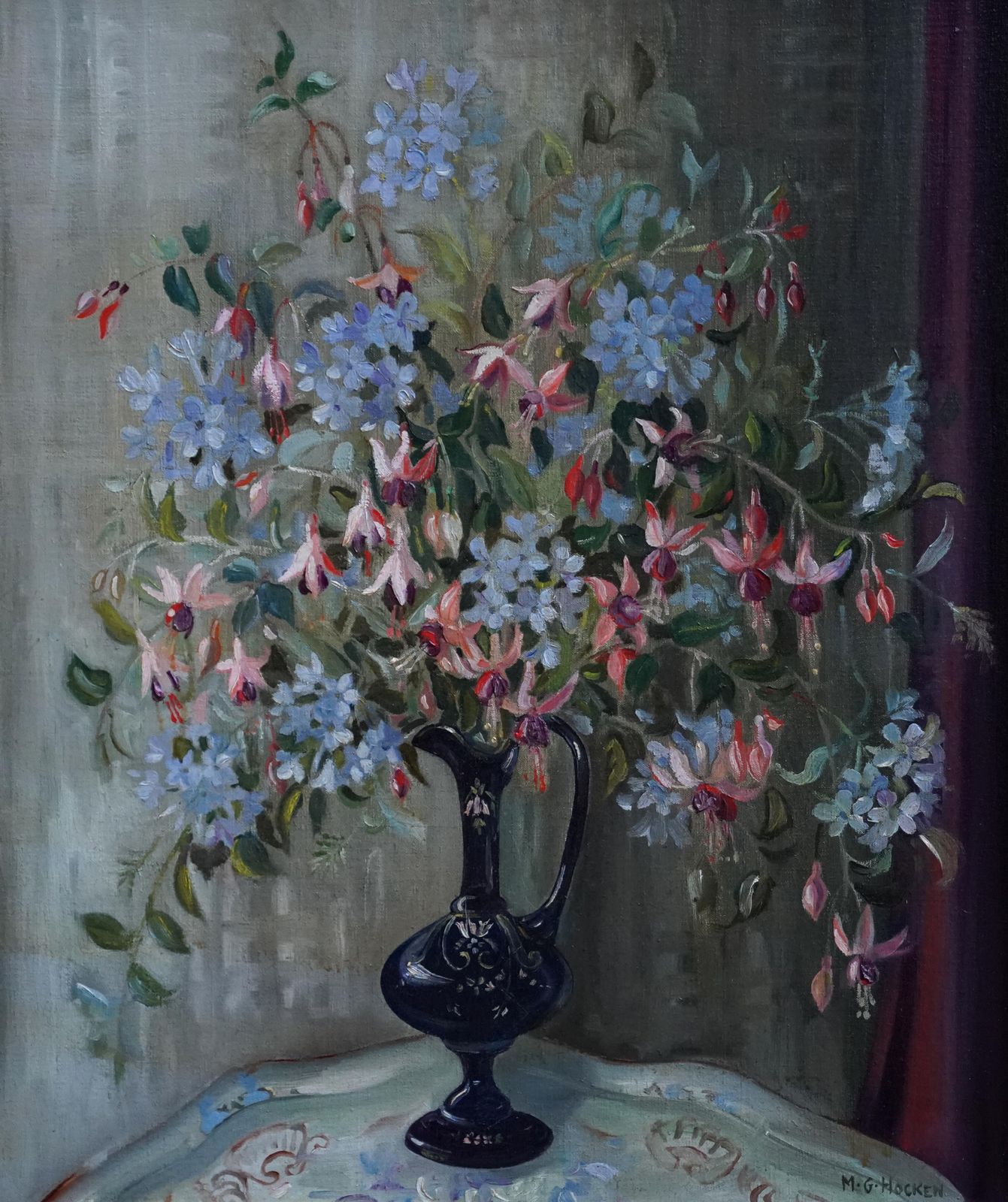 3571.0 Marion Grace Hockenfloral Of Fuchsias In A Blue Vase   British Fifties Still Life Art Oil Paintingcirca 1950 photo