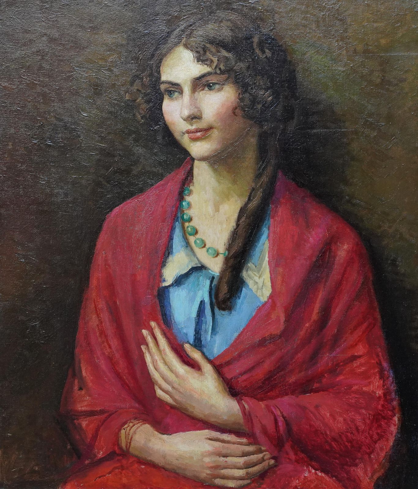 Lionel Ellisportrait Of Woman In Red Shawl   Nudes Verso   British 1940's Art Oil Paintingcirca 1940 photo furniture