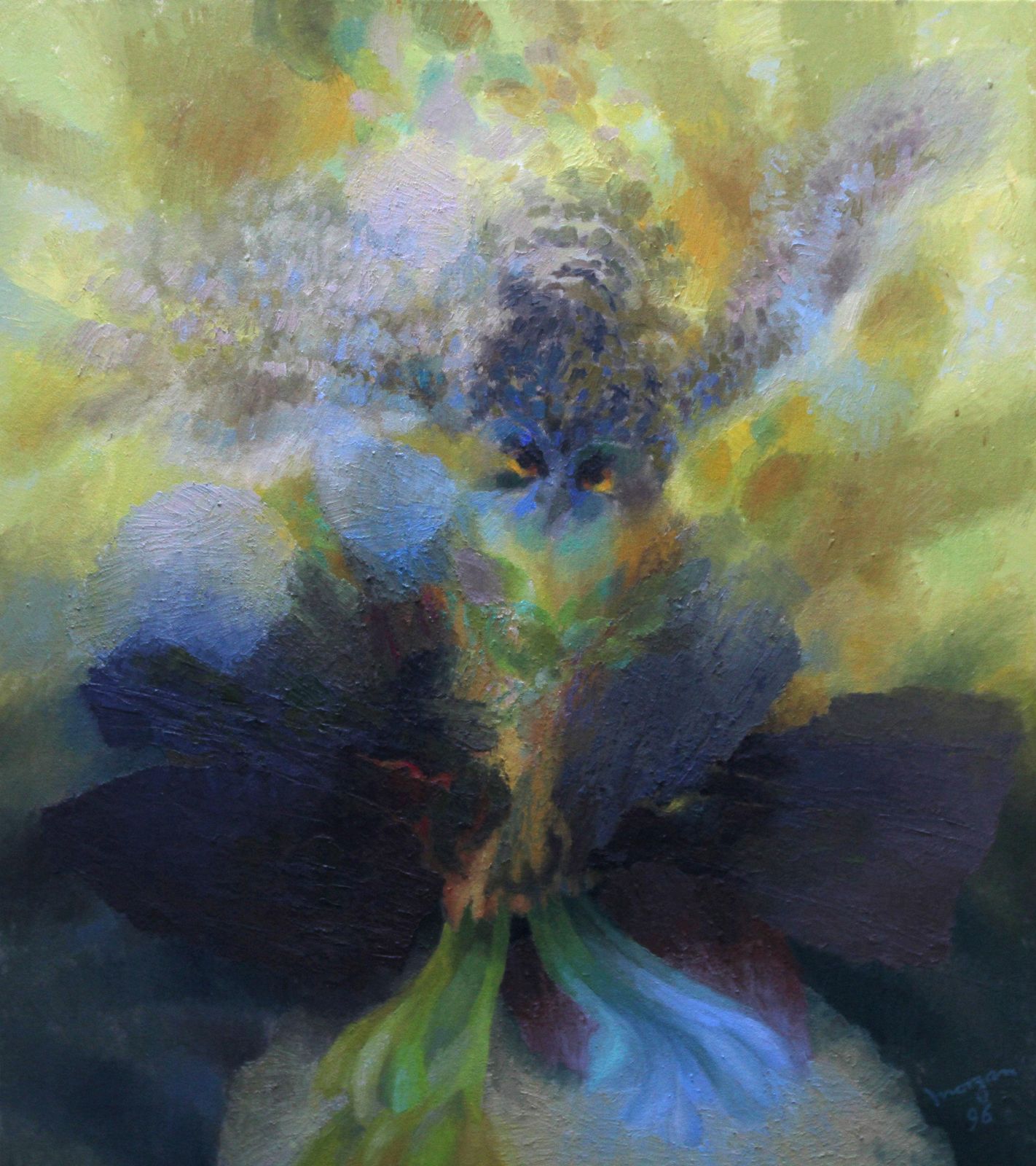 Glyn Morgangreen Man With Owl   British Welsh Abstract Art Oil Painting Nature Country1996