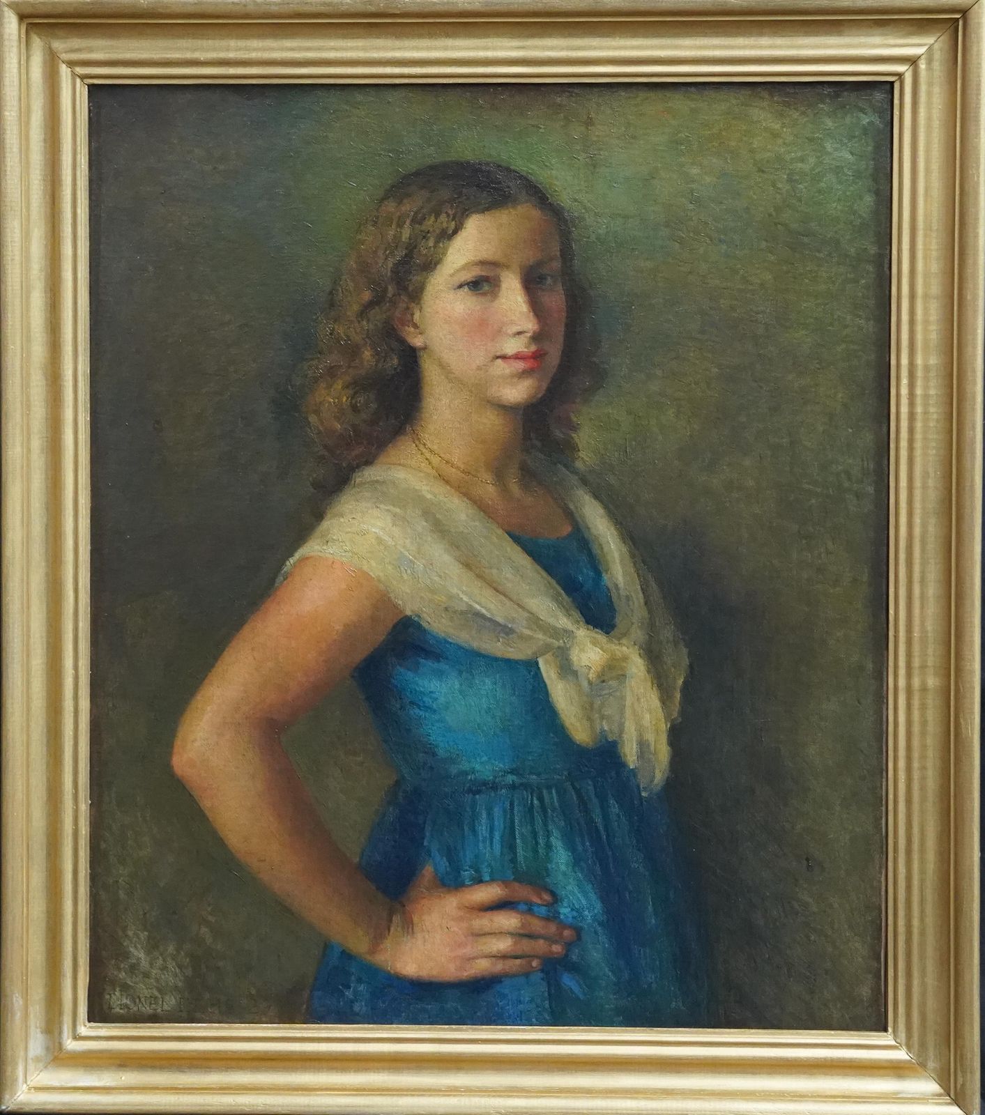 photo for sale Lionel Ellisportrait Of A Girl In White Lace Shawl   British 1929 Art Portrait Oil Painting1929
