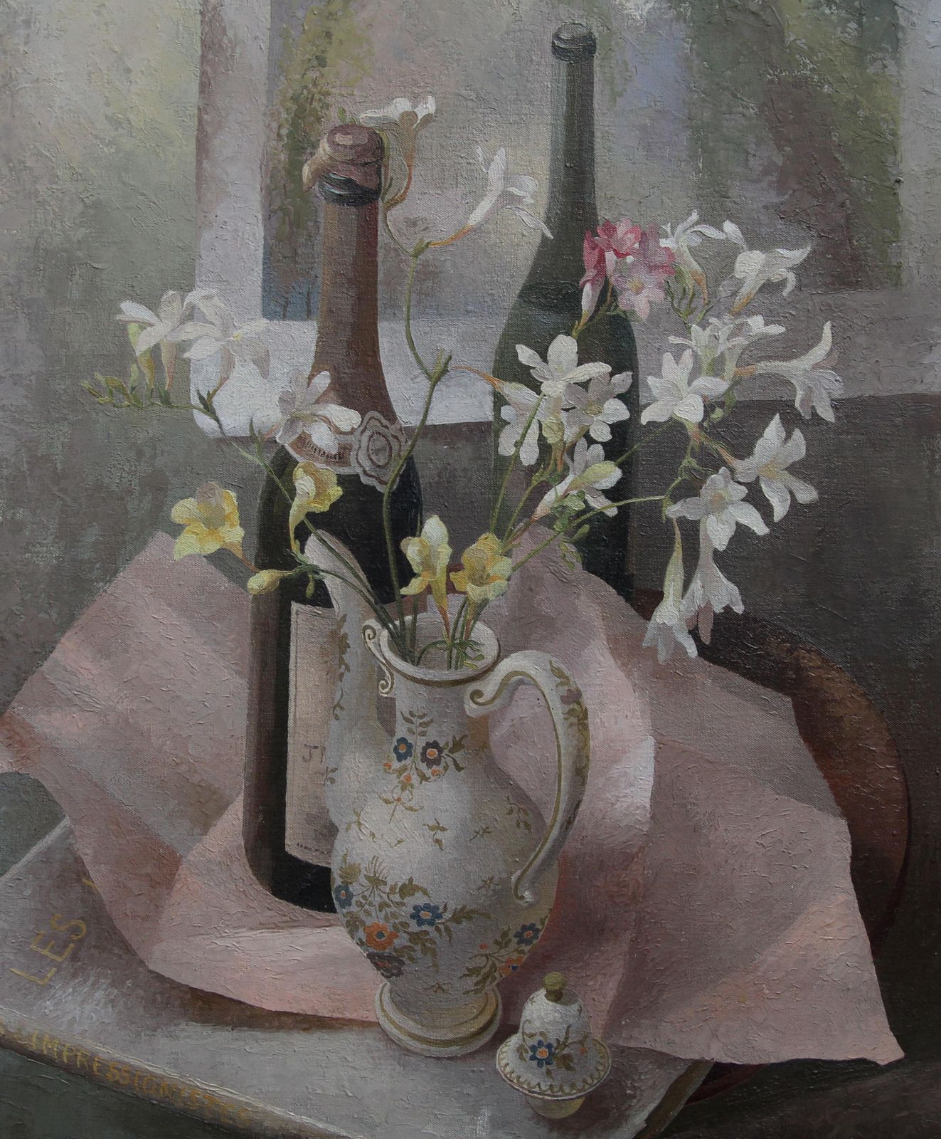 Mary Kent Harrisonfrench Coffee Pot   British Exh Art 1960s Floral Still Life Oil Painting Flowers1960 photo for sale